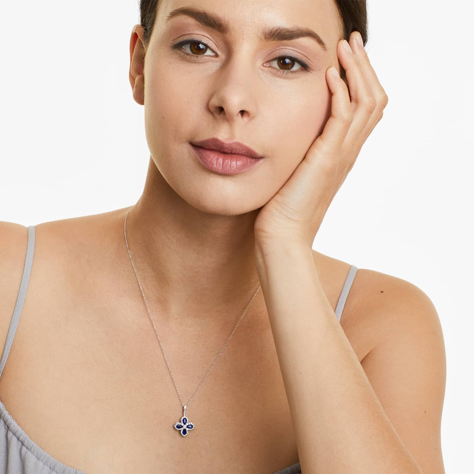 14K White Gold Lily Motif Sapphire and Diamond Necklace