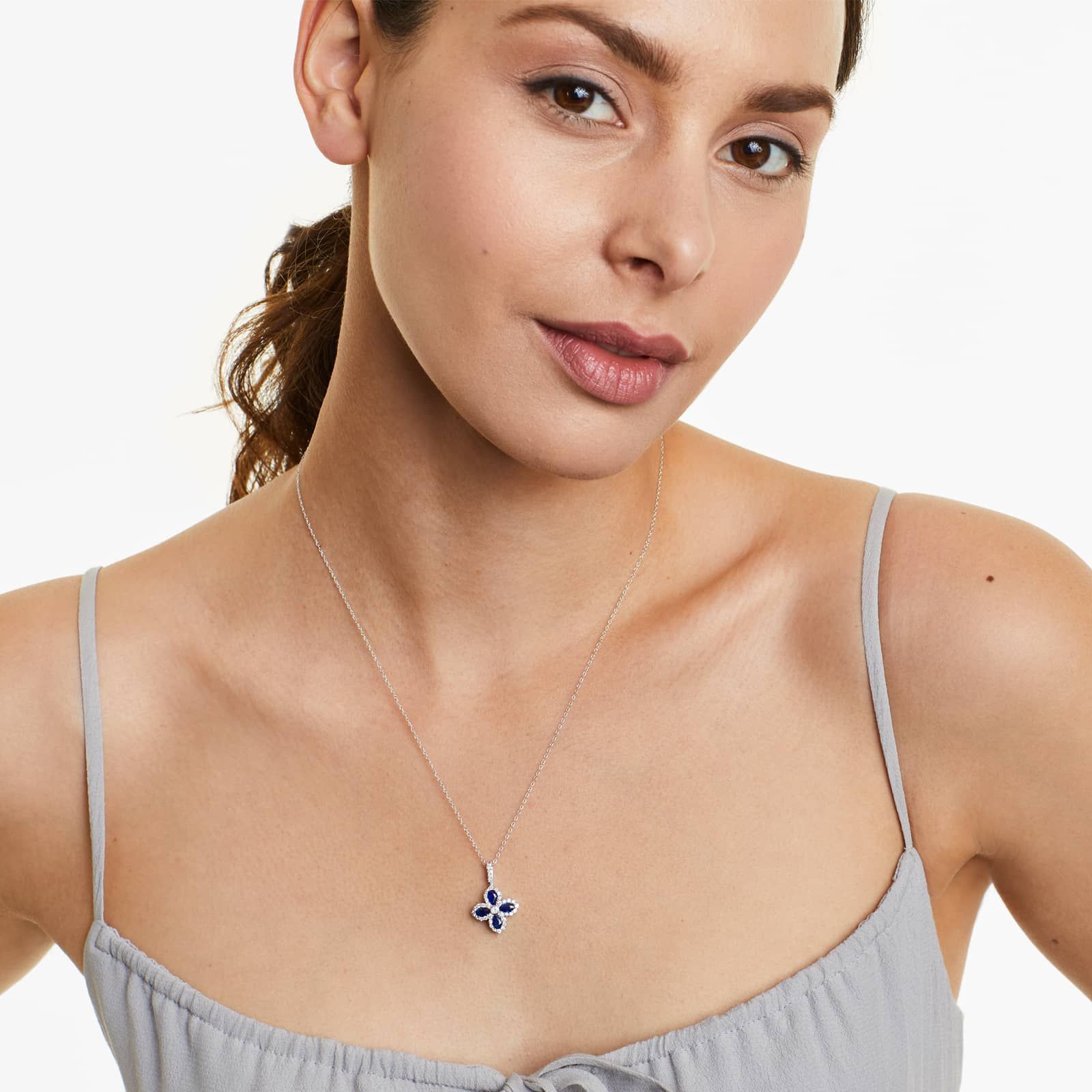 14K White Gold Lily Motif Sapphire and Diamond Necklace