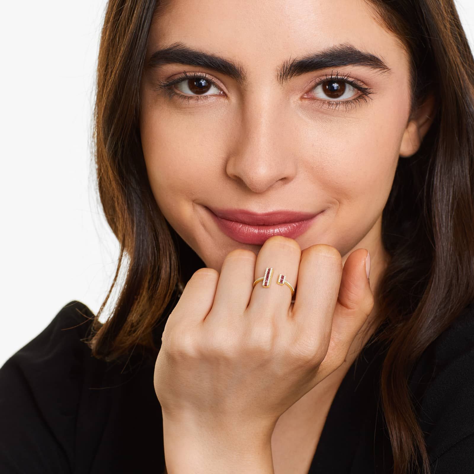 14k Yellow Gold Open Double Bar Ruby and Diamond Ring