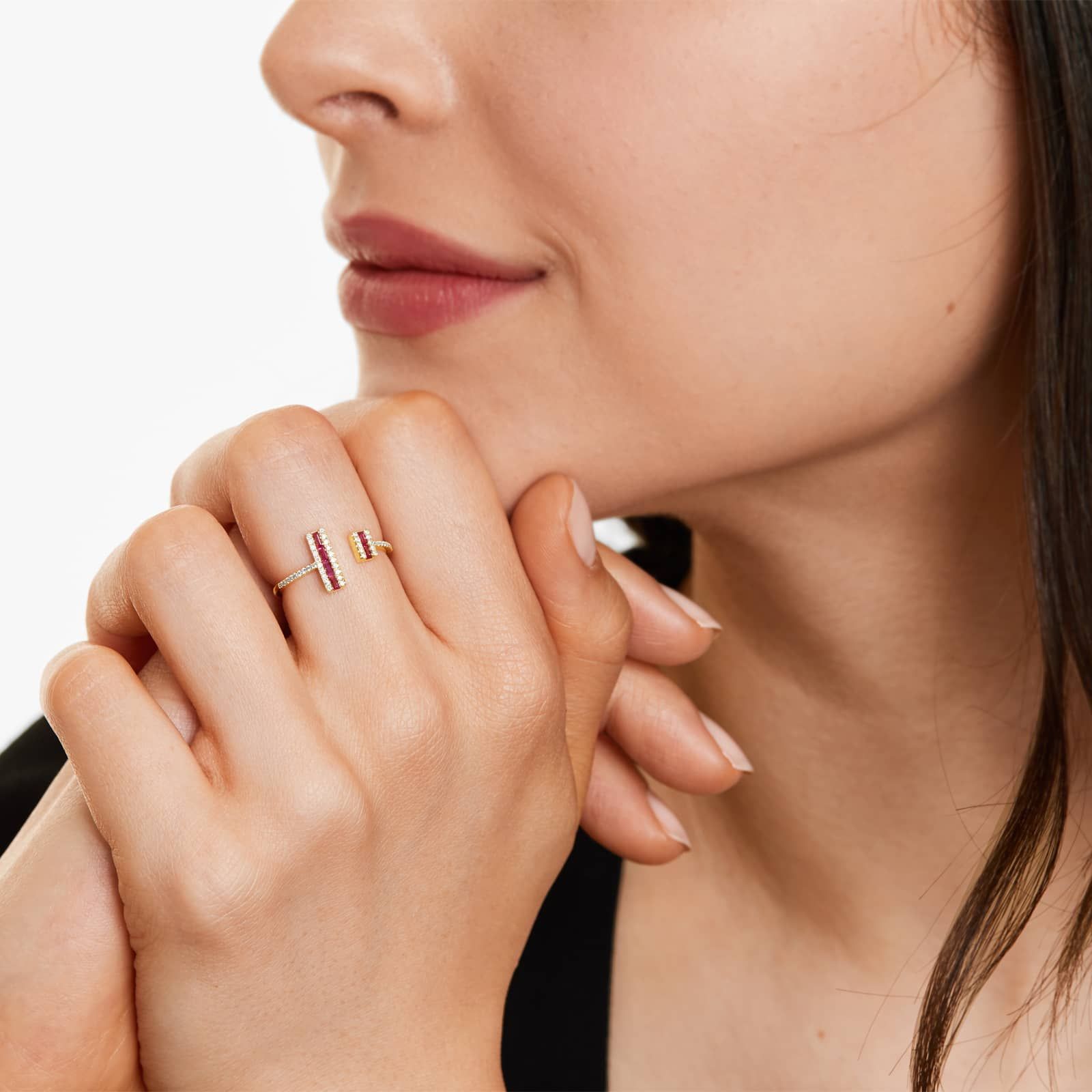 14k Yellow Gold Open Double Bar Ruby and Diamond Ring