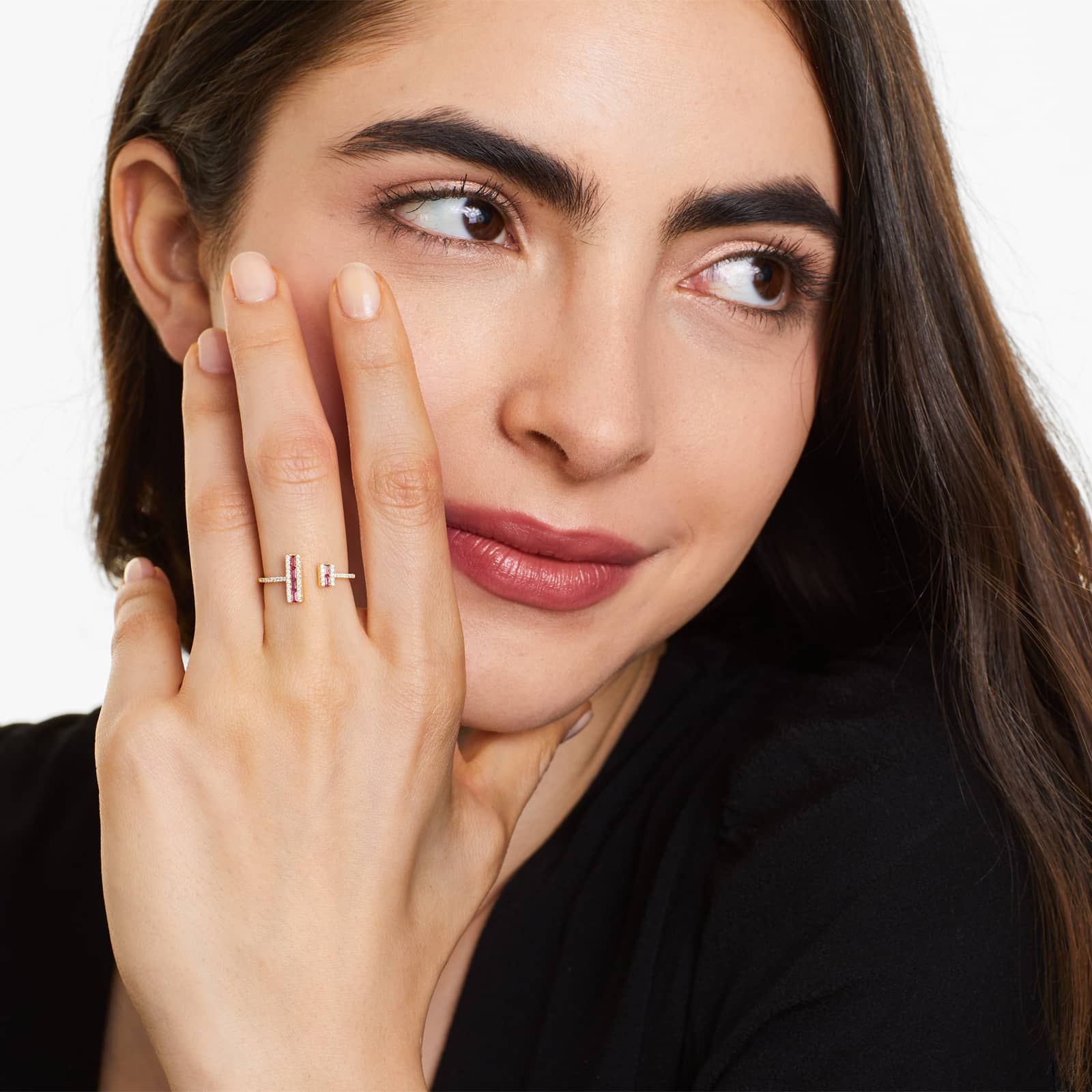 14k Yellow Gold Open Double Bar Ruby and Diamond Ring