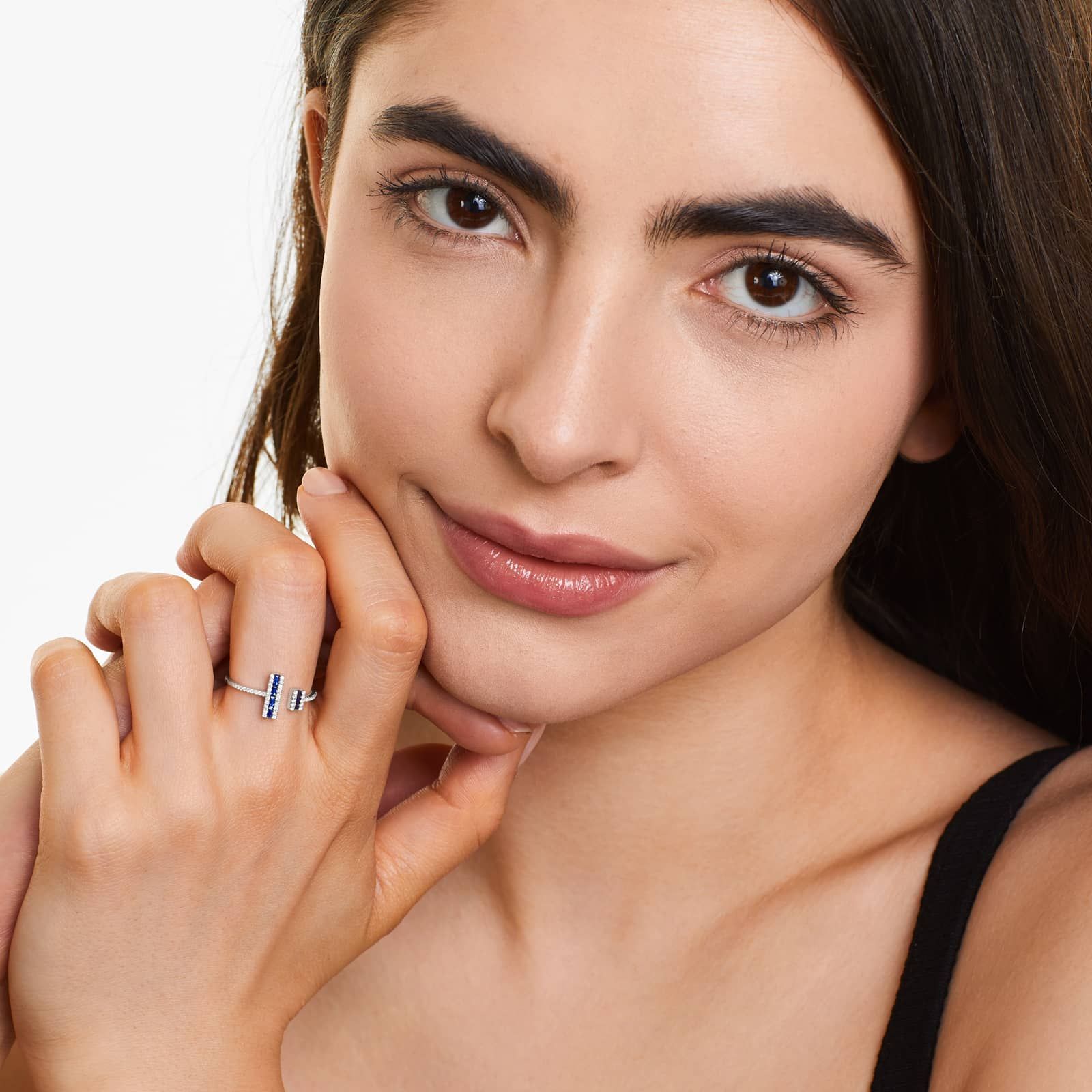 14k White Gold Open Double Bar Sapphire and Diamond Ring