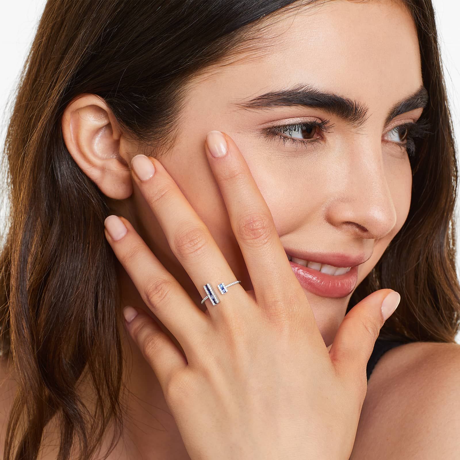 14k White Gold Open Double Bar Sapphire and Diamond Ring