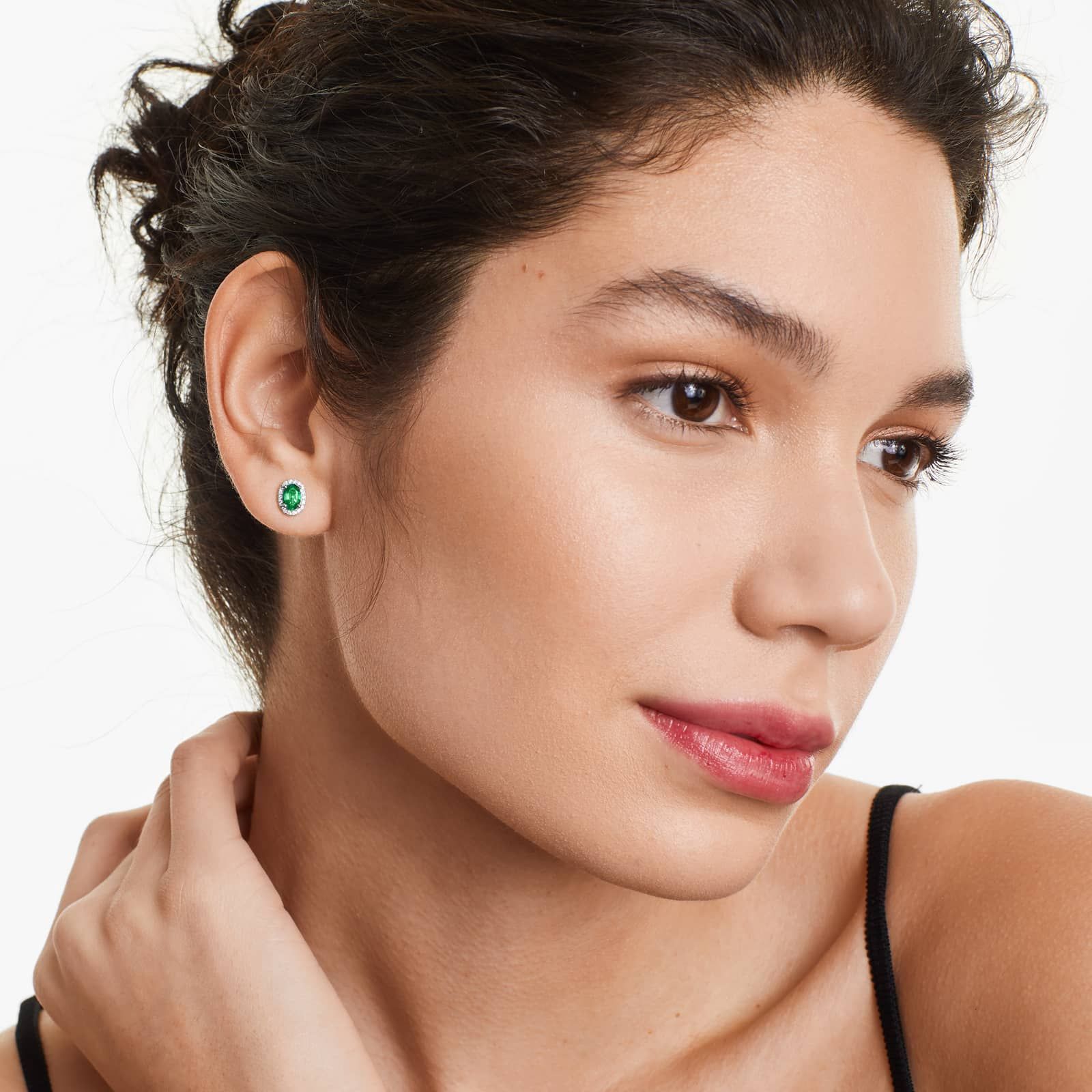 Oval Cut Emerald And Diamond Halo Earrings In 18K White Gold