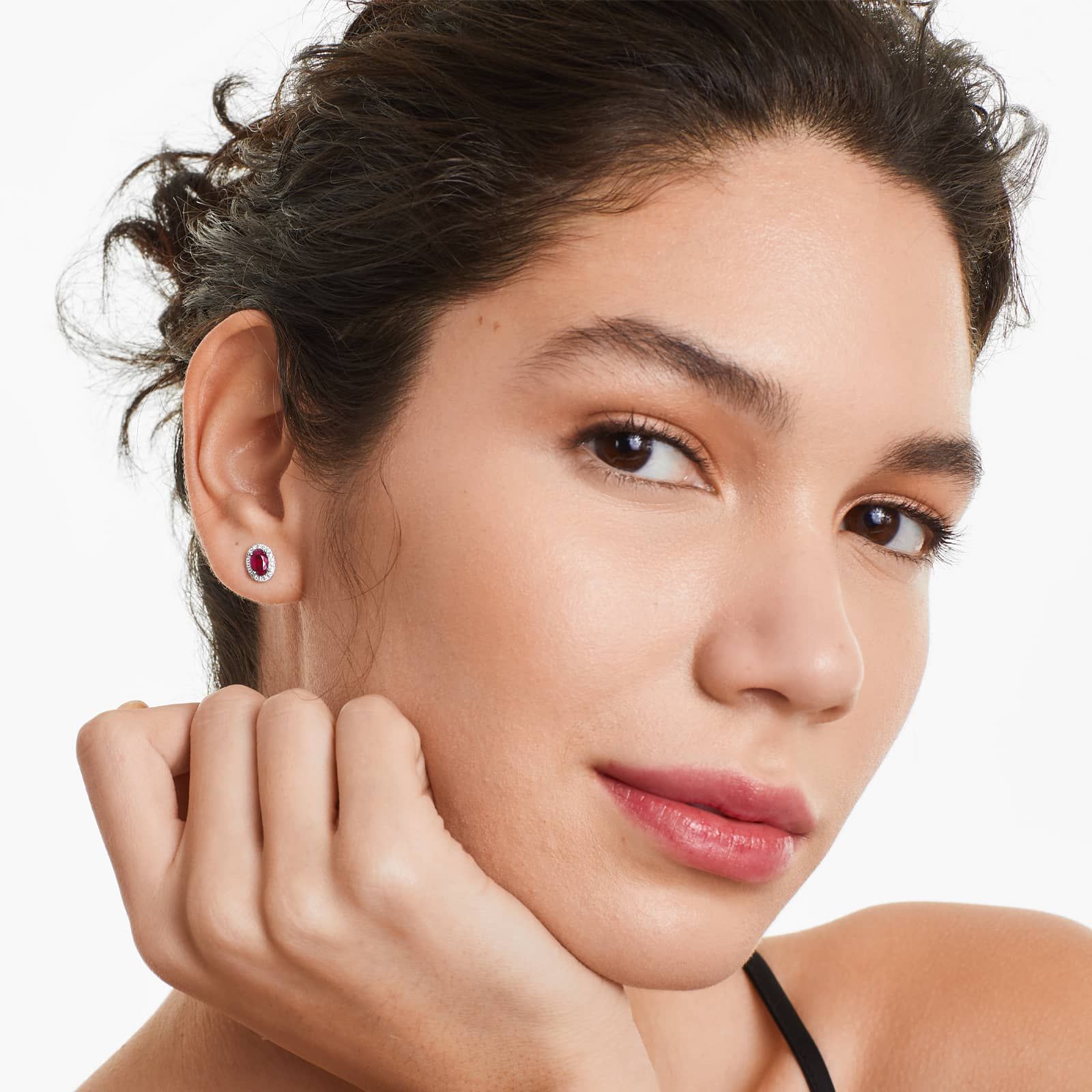 Oval Cut Ruby And Diamond Halo Earrings In 18K White Gold