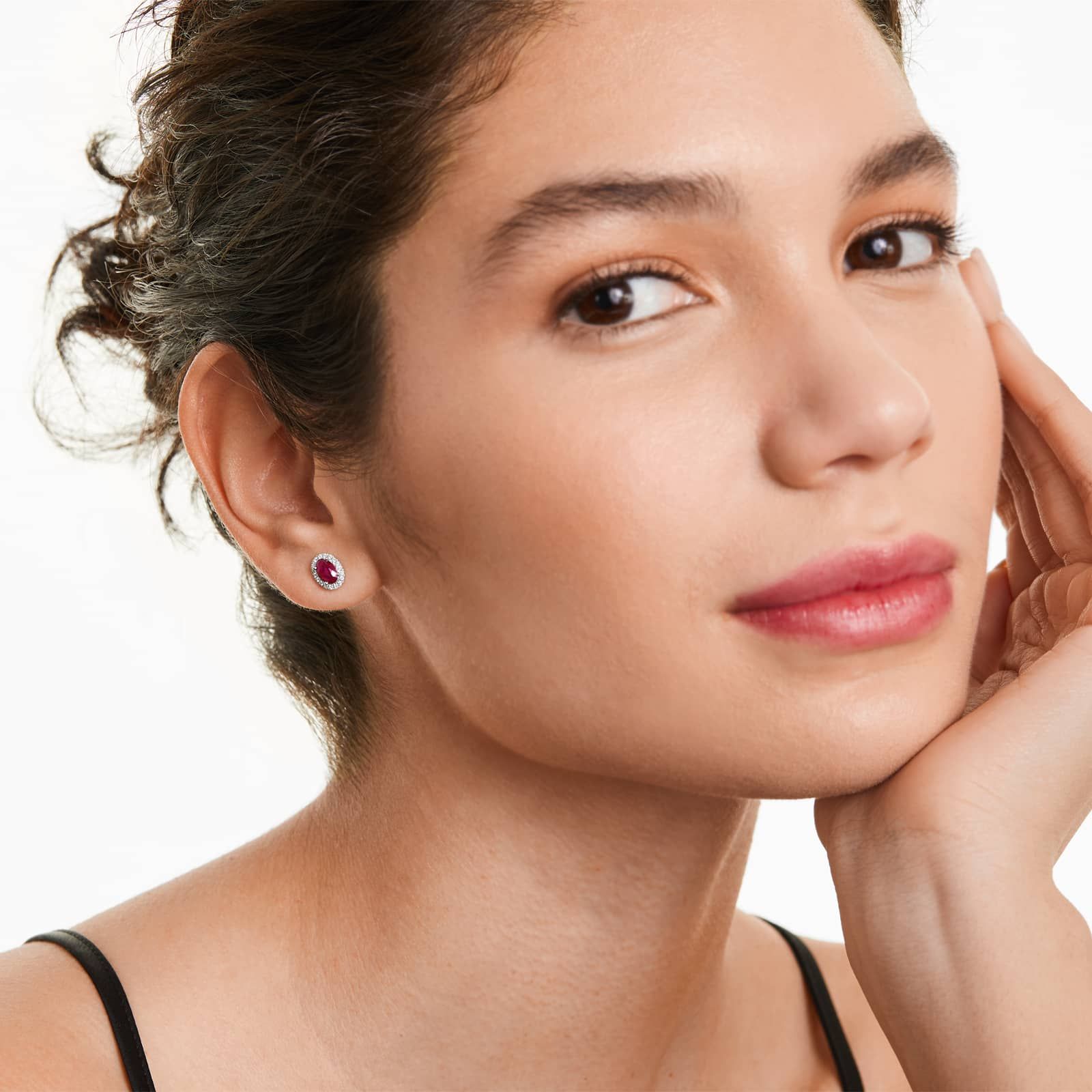 Oval Cut Ruby And Diamond Halo Earrings In 18K White Gold