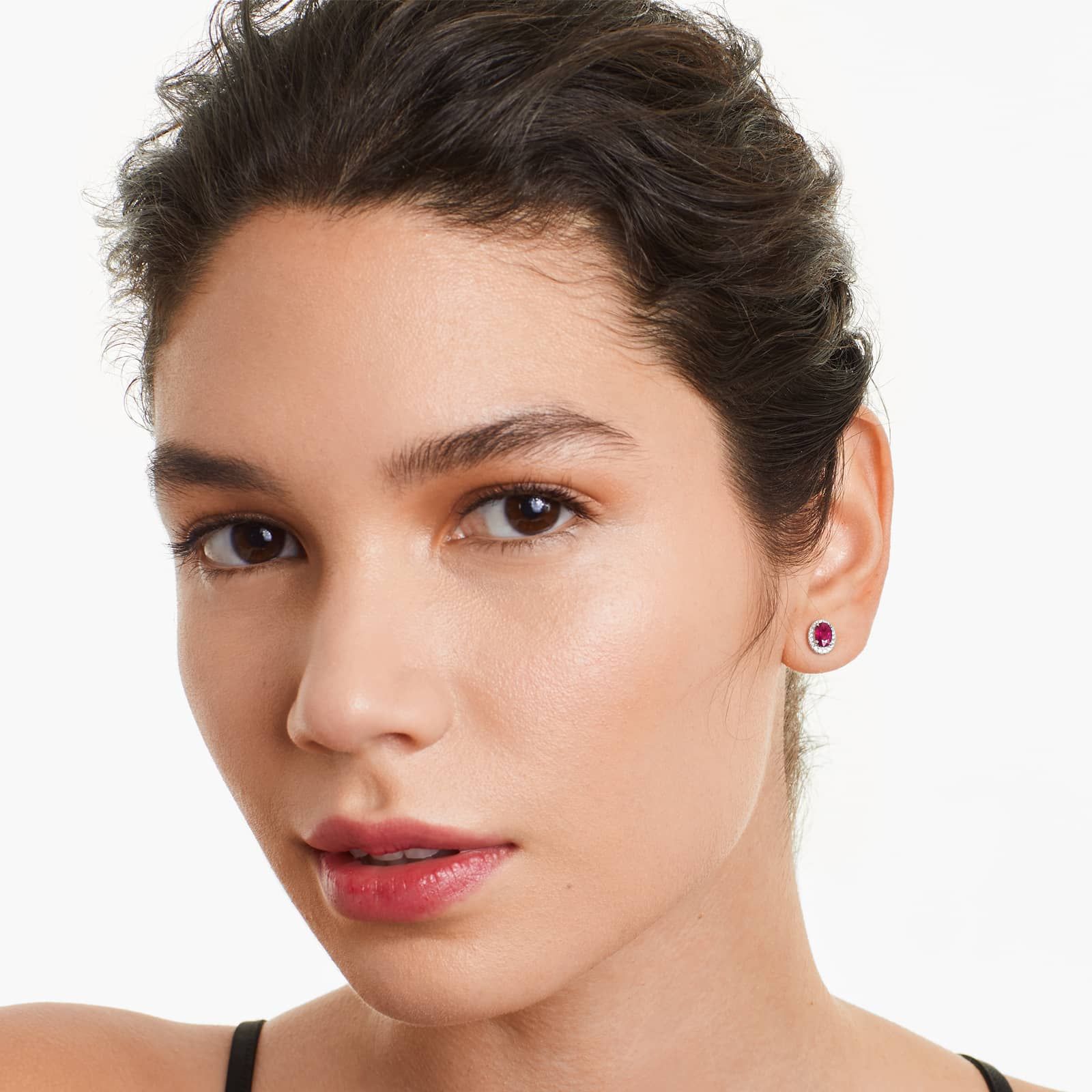 Oval Cut Ruby And Diamond Halo Earrings In 18K White Gold