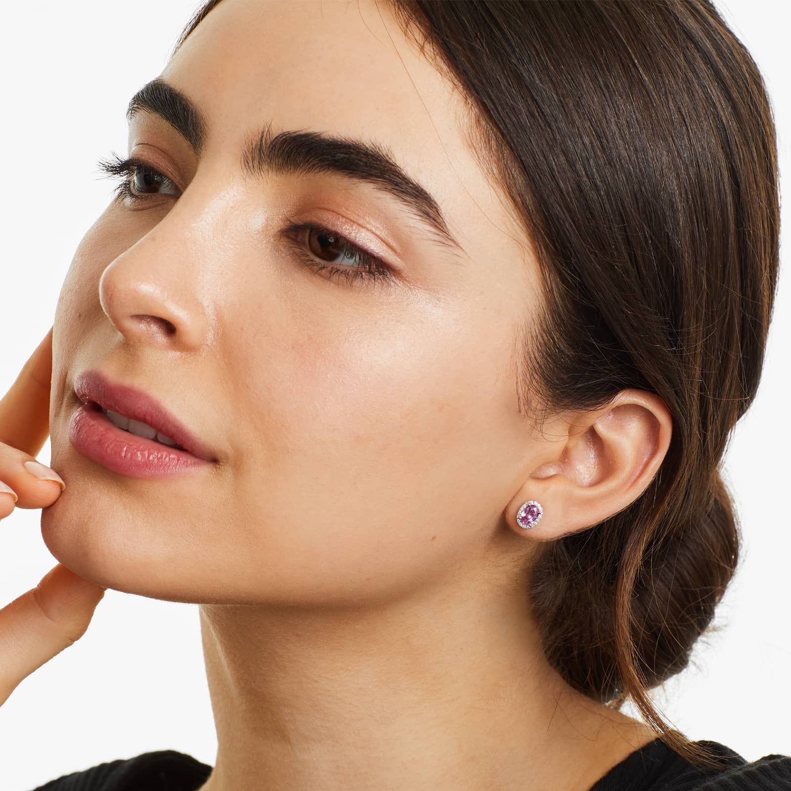 Oval Cut Pink Sapphire And Diamond Halo Earrings In 18K White Gold