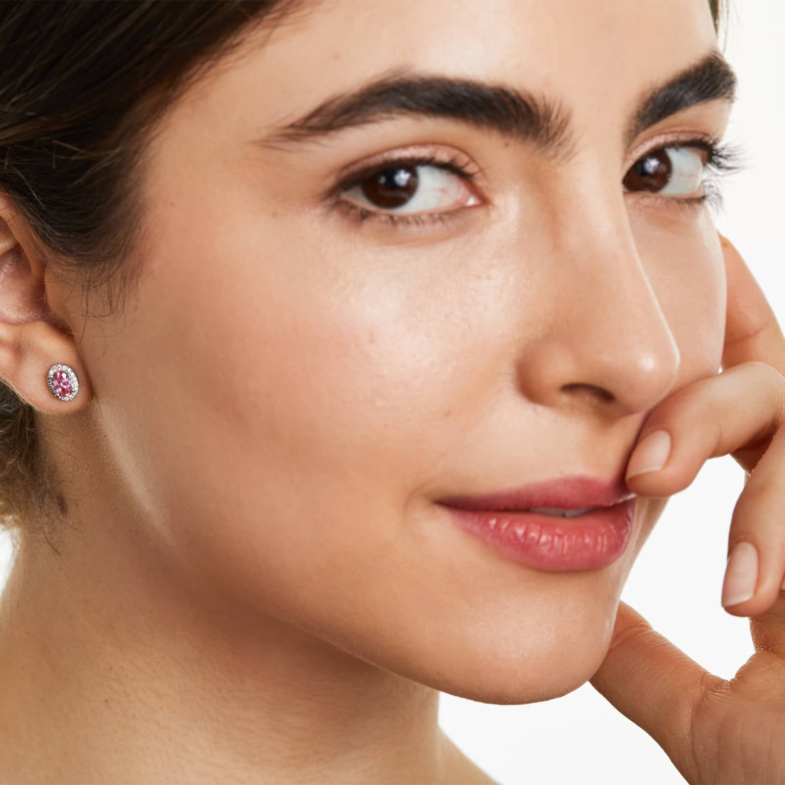 Oval Cut Pink Sapphire And Diamond Halo Earrings In 18K White Gold