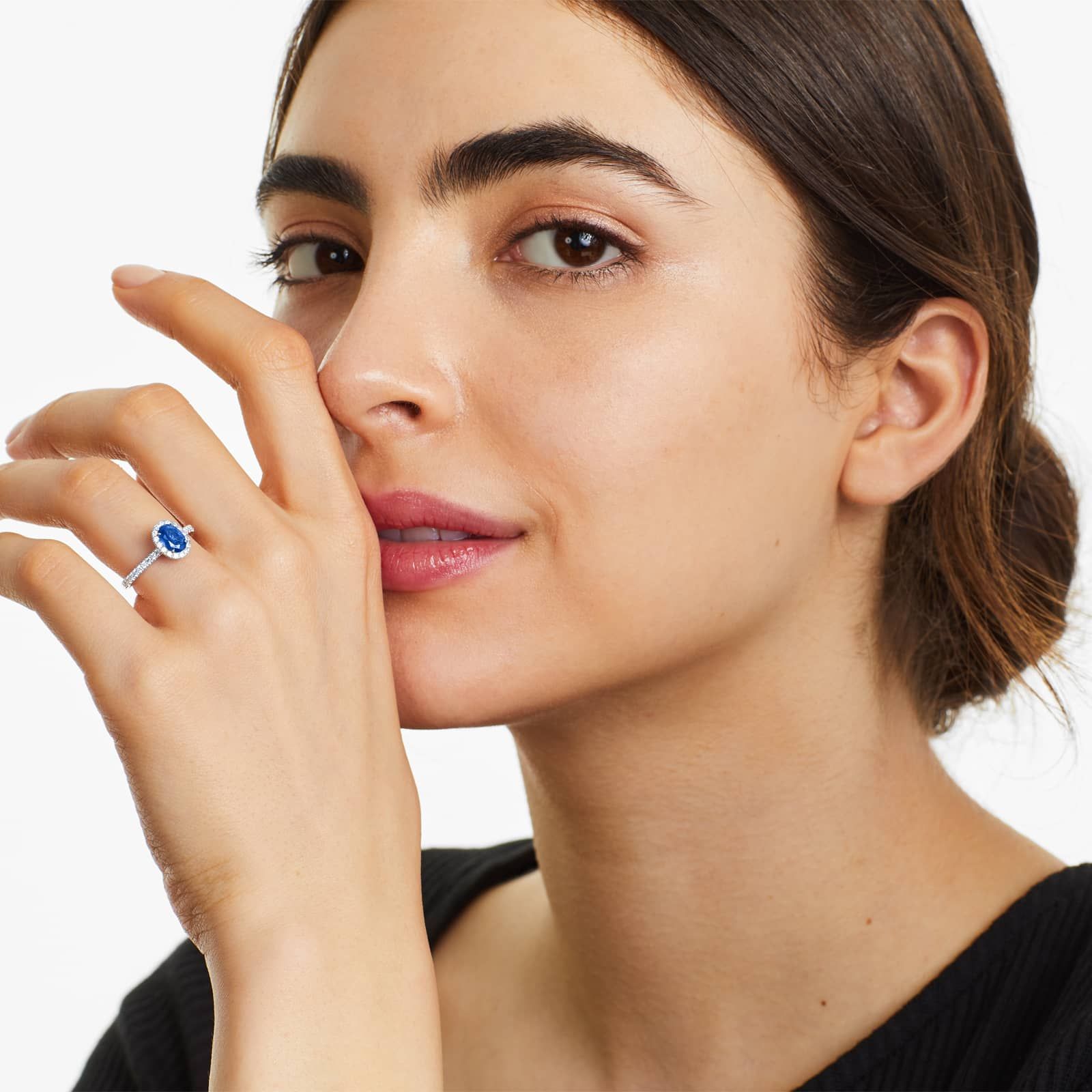 Oval Halo Sapphire And Diamond Ring In 18K White Gold