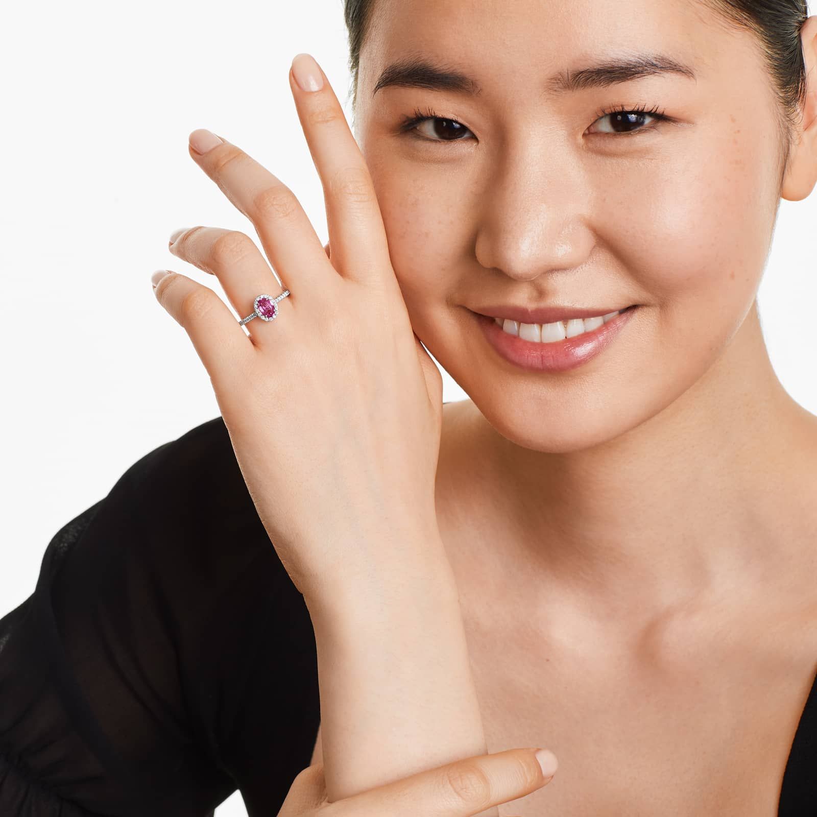 Oval Halo Pink Sapphire And Diamond Ring In 18K White Gold