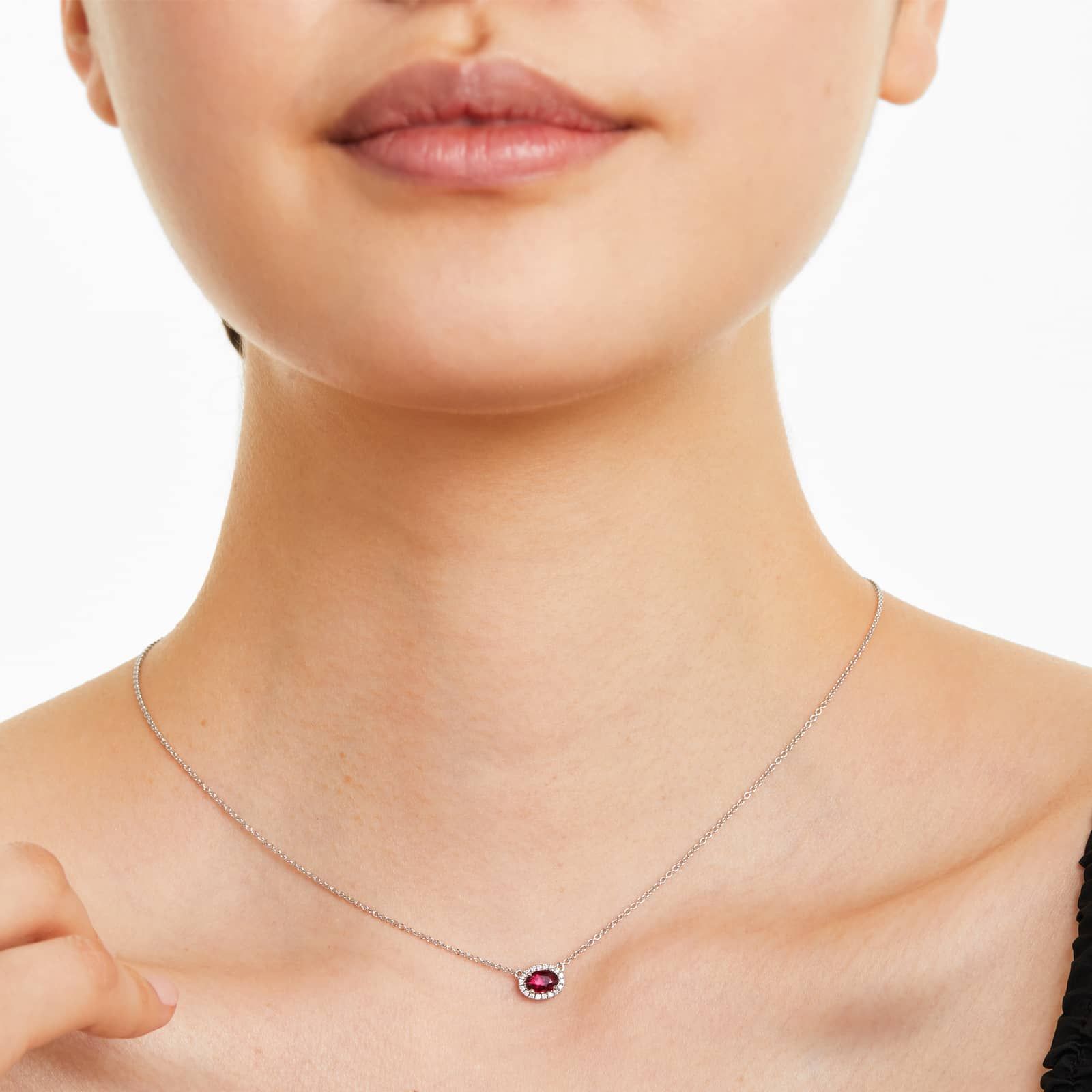 18K White Gold East West Set Oval Halo Ruby and Diamond Necklace (6.0x4.0mm)
