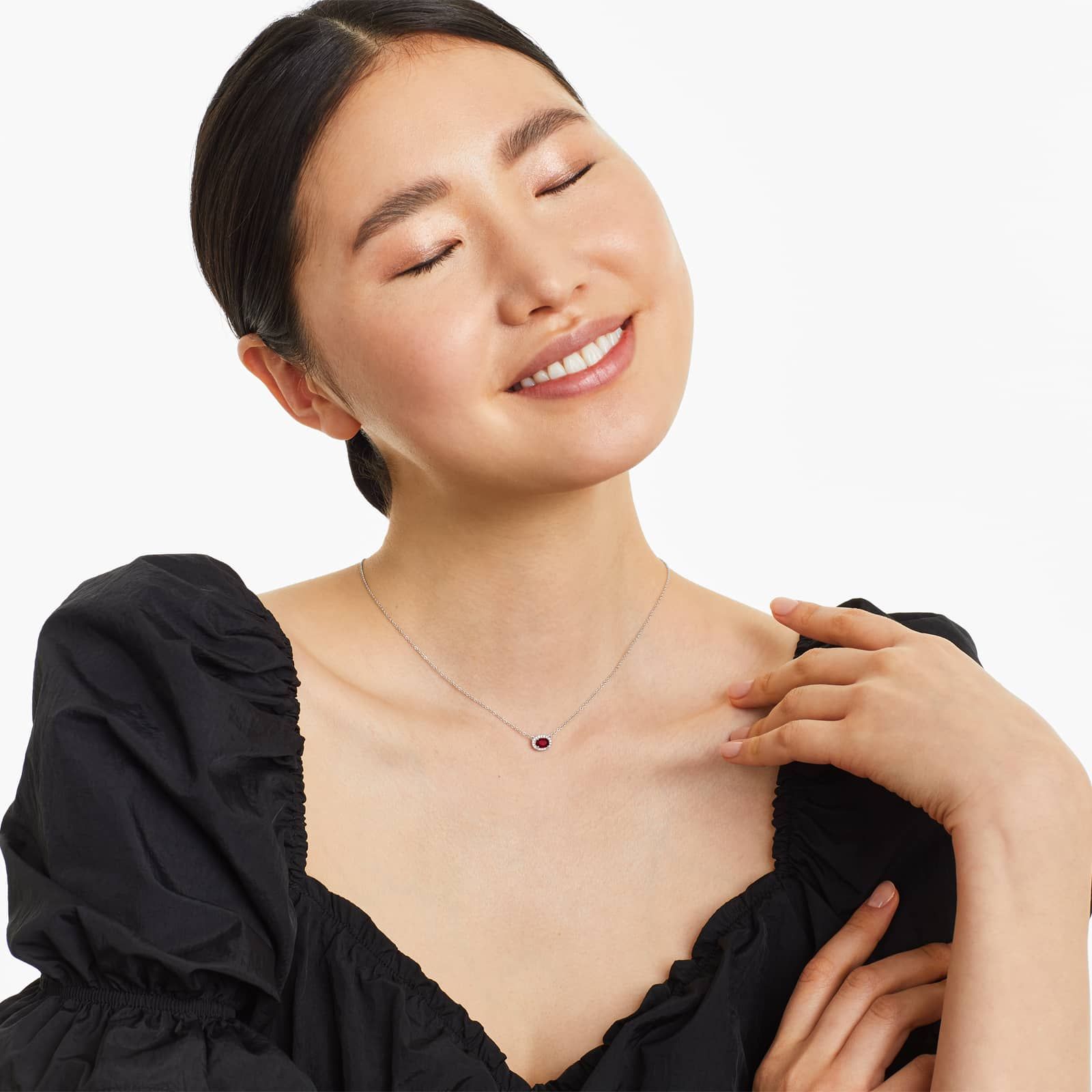 18K White Gold East West Set Oval Halo Ruby and Diamond Necklace (6.0x4.0mm)