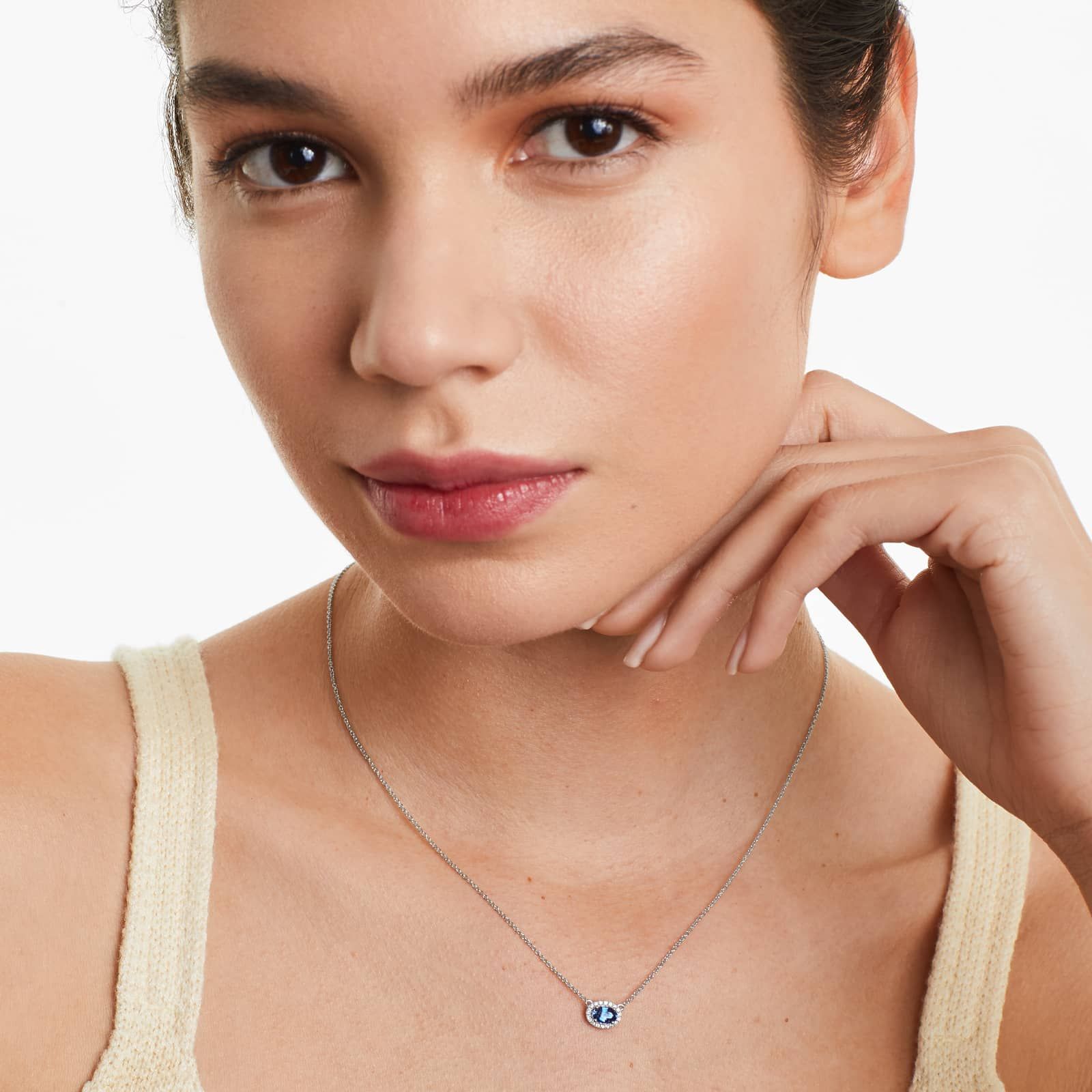 18K White Gold East West Set Oval Halo Sapphire and Diamond Necklace (6.0x4.0mm)