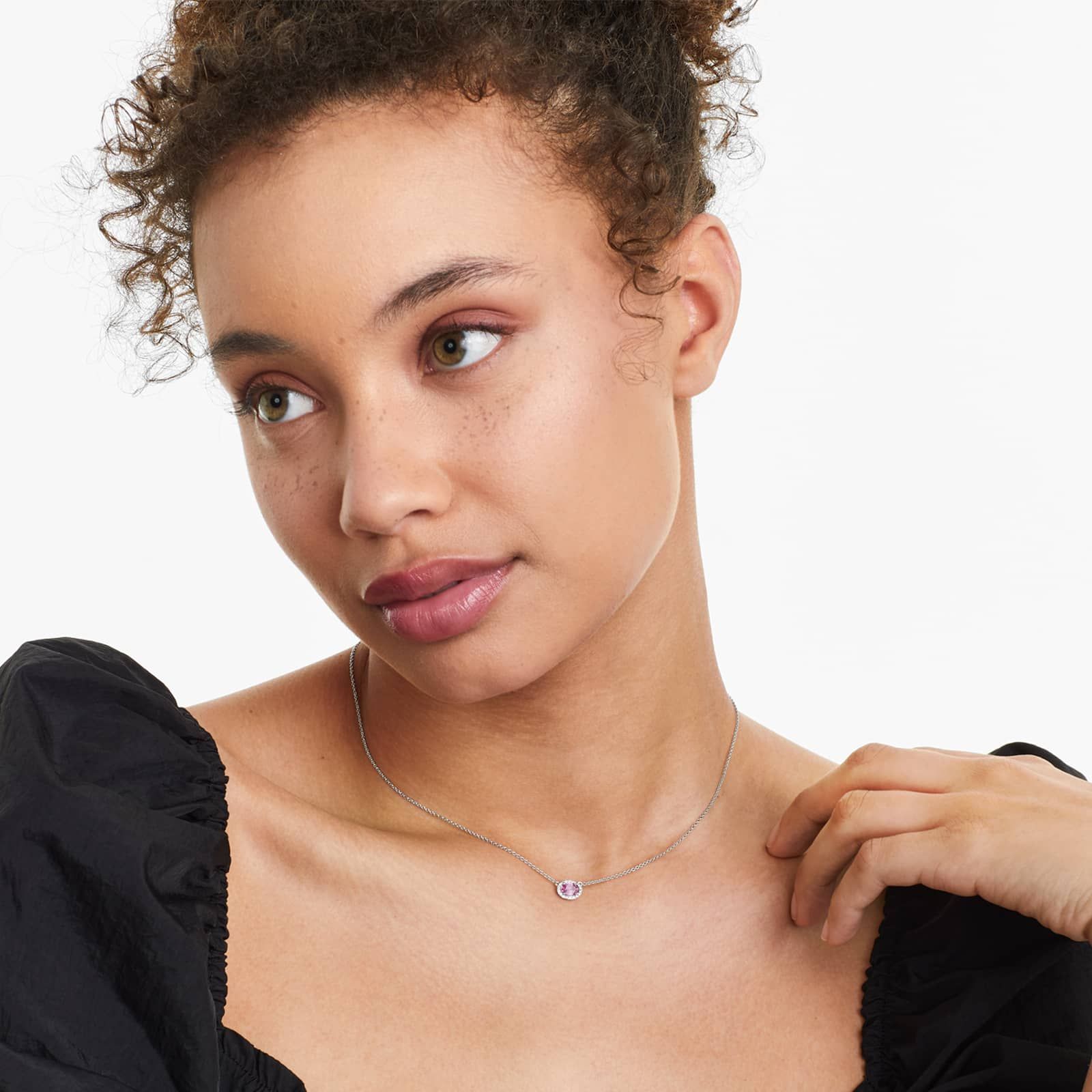 18K White Gold East West Set Oval Halo Pink Sapphire and Diamond Necklace (6x4mm)