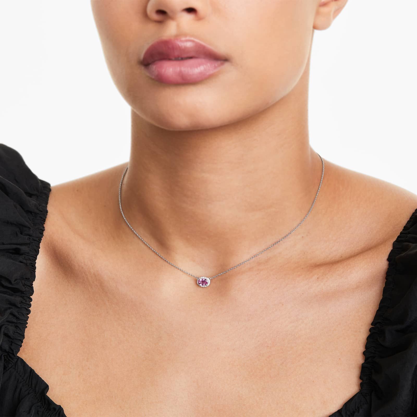 18K White Gold East West Set Oval Halo Pink Sapphire and Diamond Necklace (6x4mm)