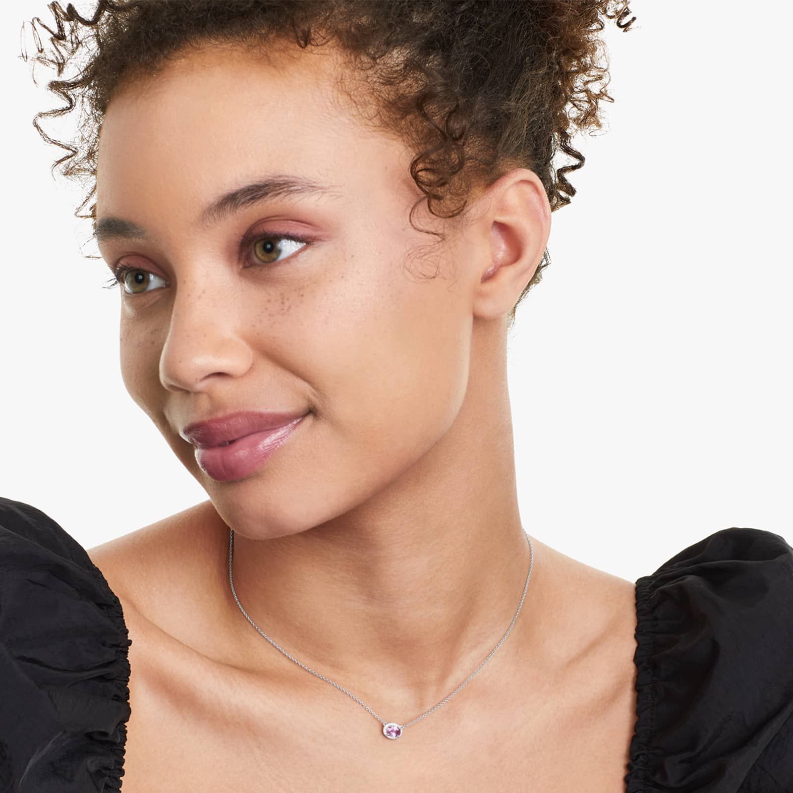18K White Gold East West Set Oval Halo Pink Sapphire and Diamond Necklace (6x4mm)