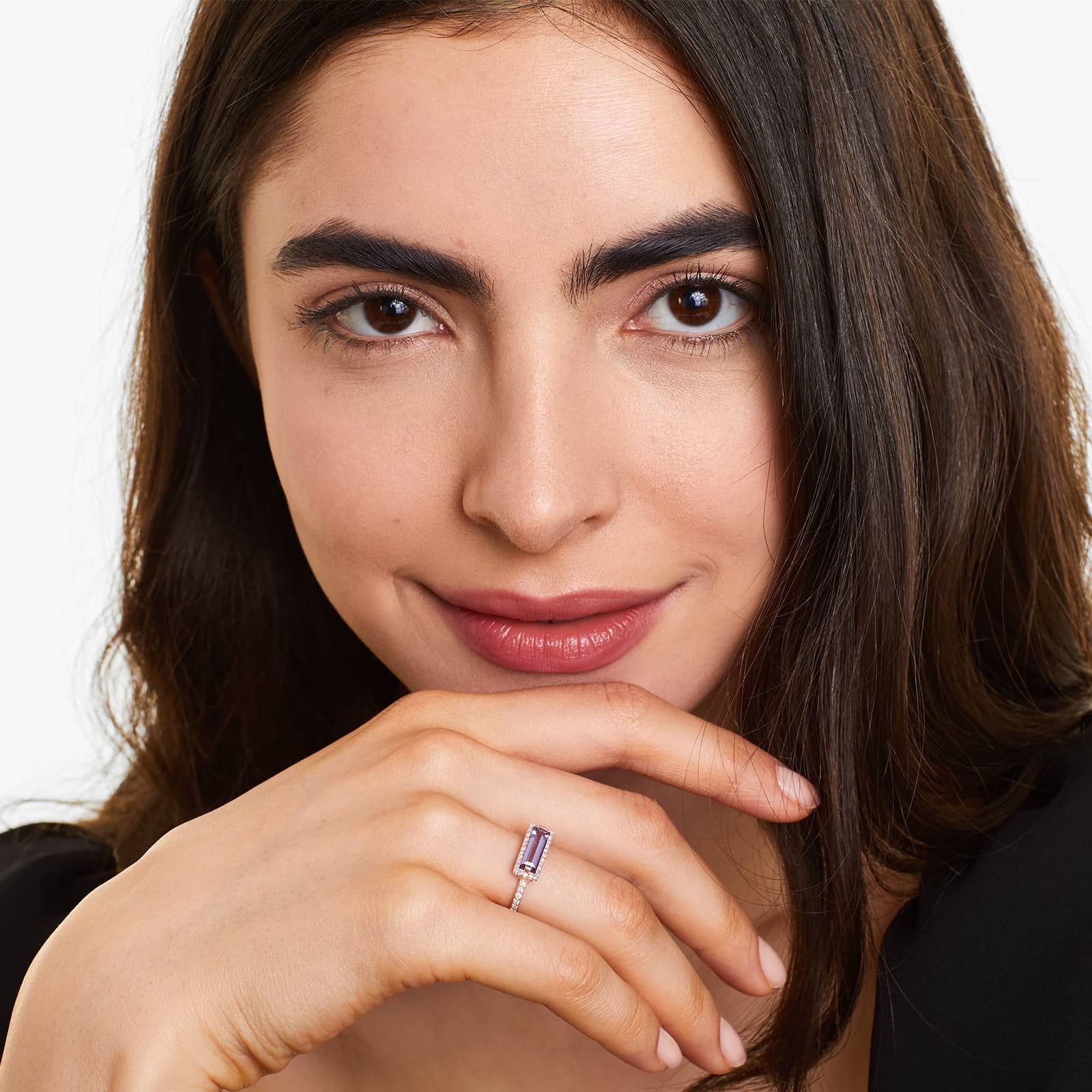 East-West Emerald Cut Amethyst And Diamond Halo Bar Ring In 14K Rose Gold