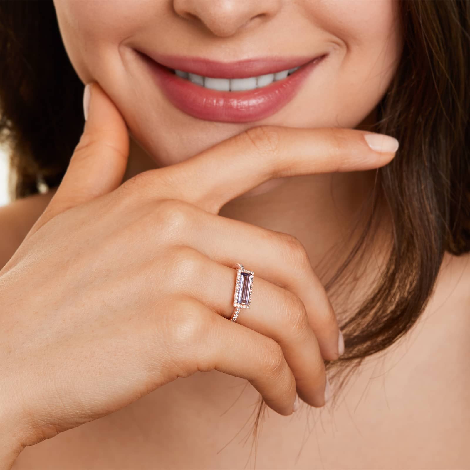 East-West Emerald Cut Amethyst And Diamond Halo Bar Ring In 14K Rose Gold
