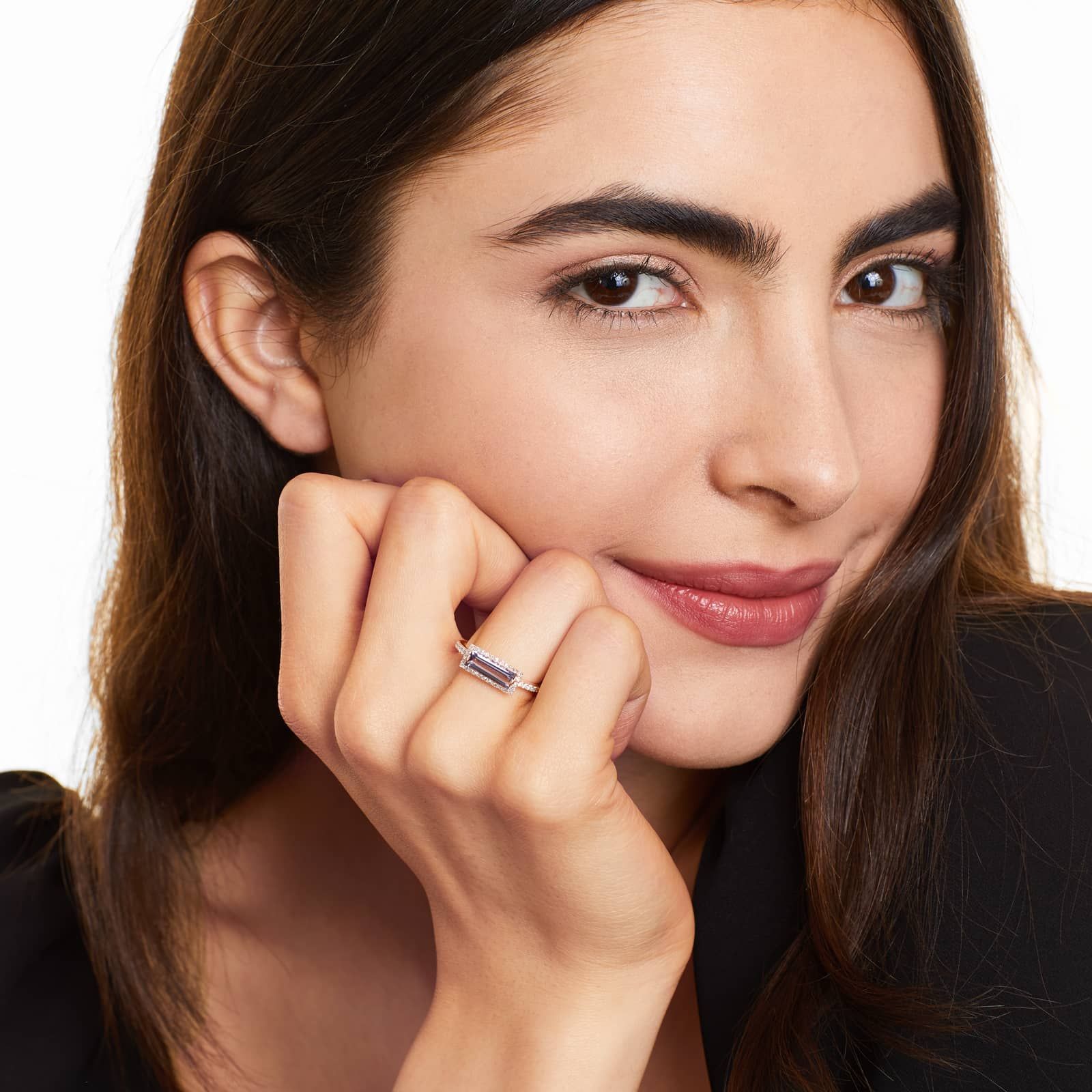 East-West Emerald Cut Amethyst And Diamond Halo Bar Ring In 14K Rose Gold