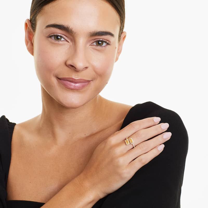 Emerald Cut Citrine And Diamond Halo Bypass Ring In 14K Yellow Gold