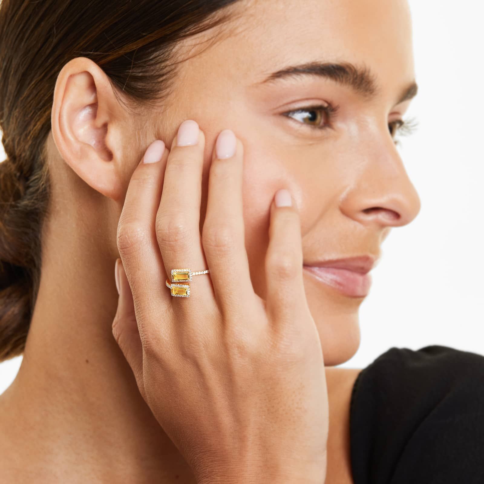 Emerald Cut Citrine And Diamond Halo Bypass Ring In 14K Yellow Gold
