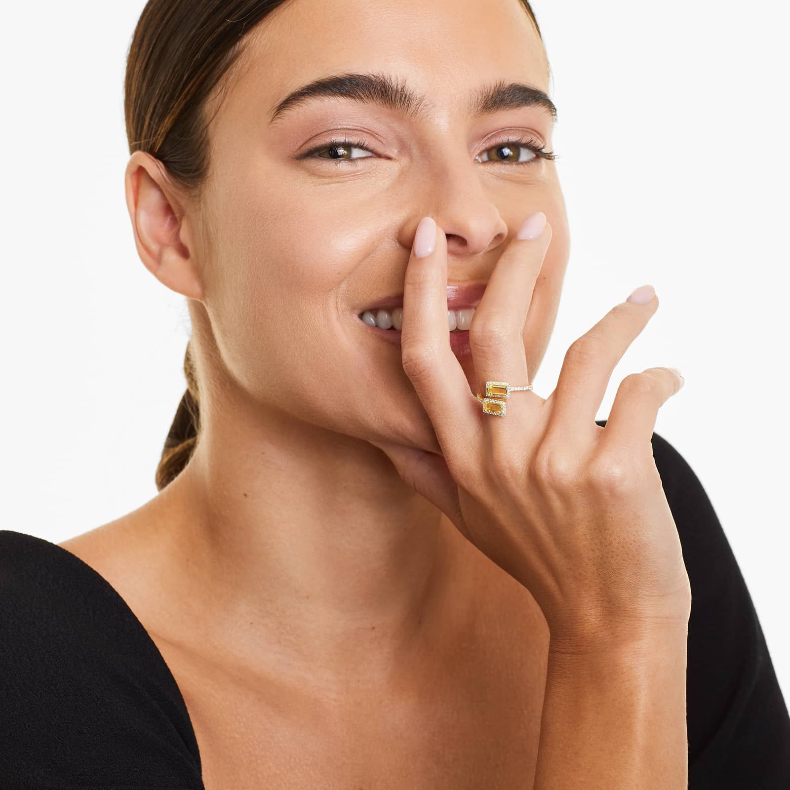 Emerald Cut Citrine And Diamond Halo Bypass Ring In 14K Yellow Gold