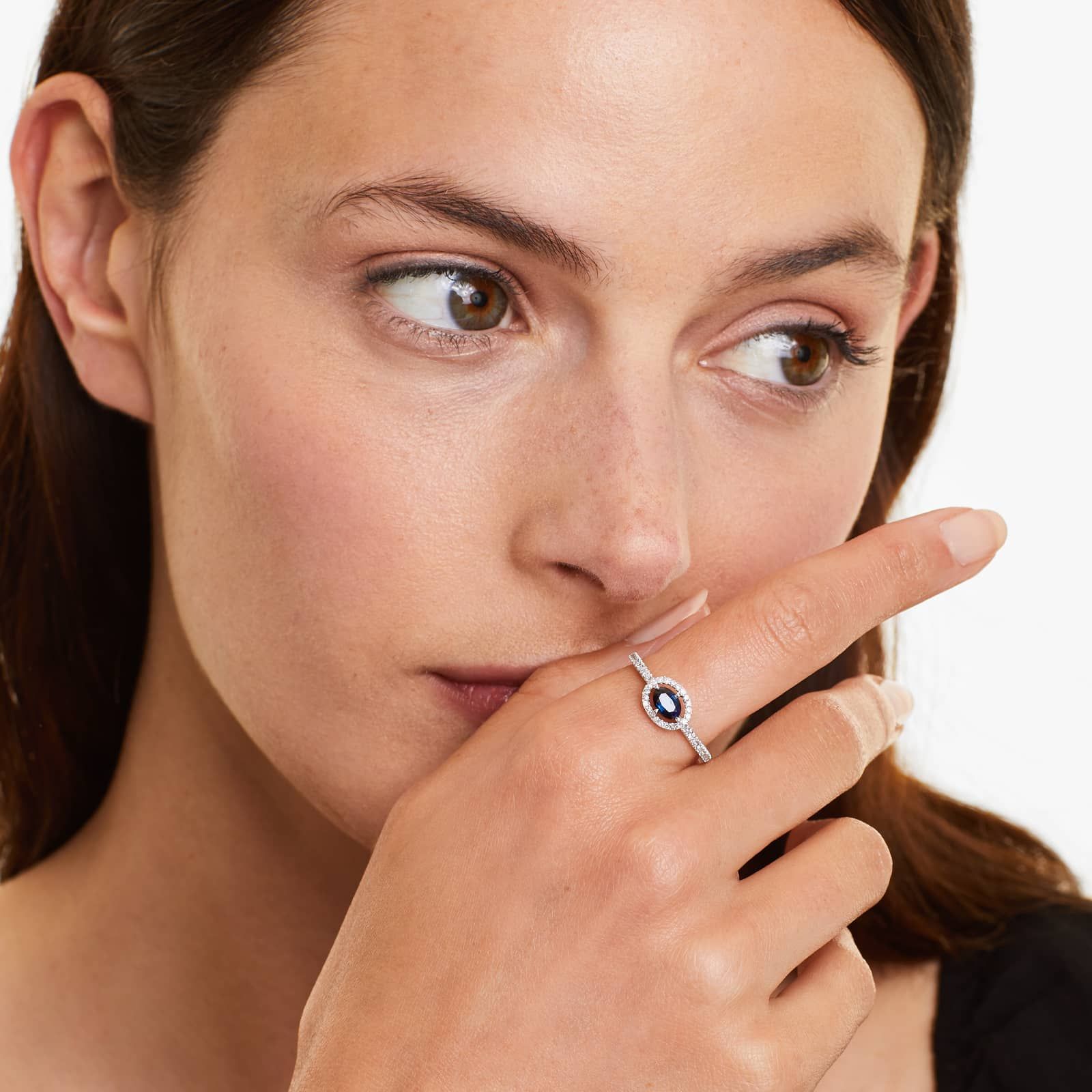 East-West Sapphire And Diamond Floating Halo Ring In 14K White Gold