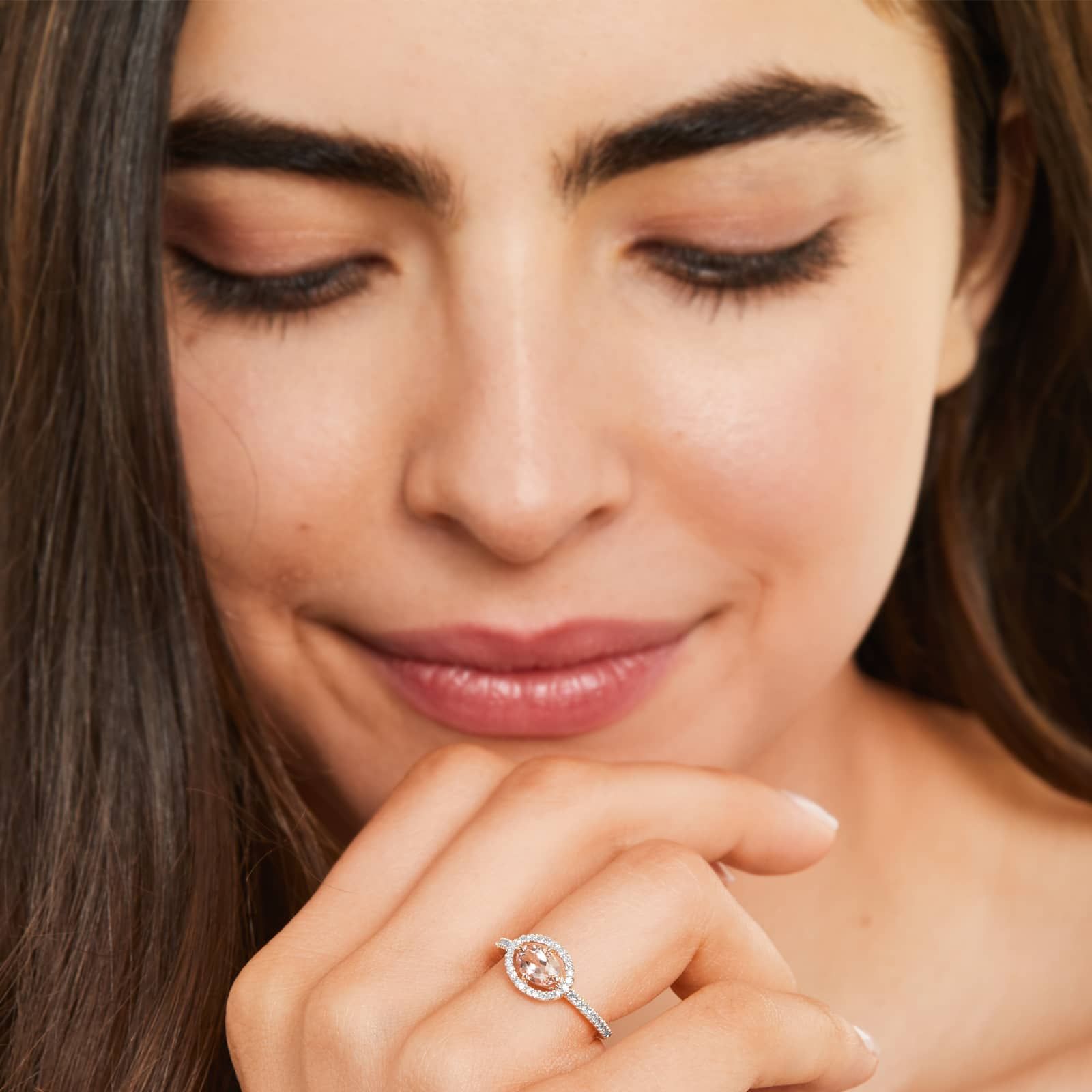 14K Rose Gold East West Morganite and Diamond Floating Halo Ring (6.0x4.0mm)