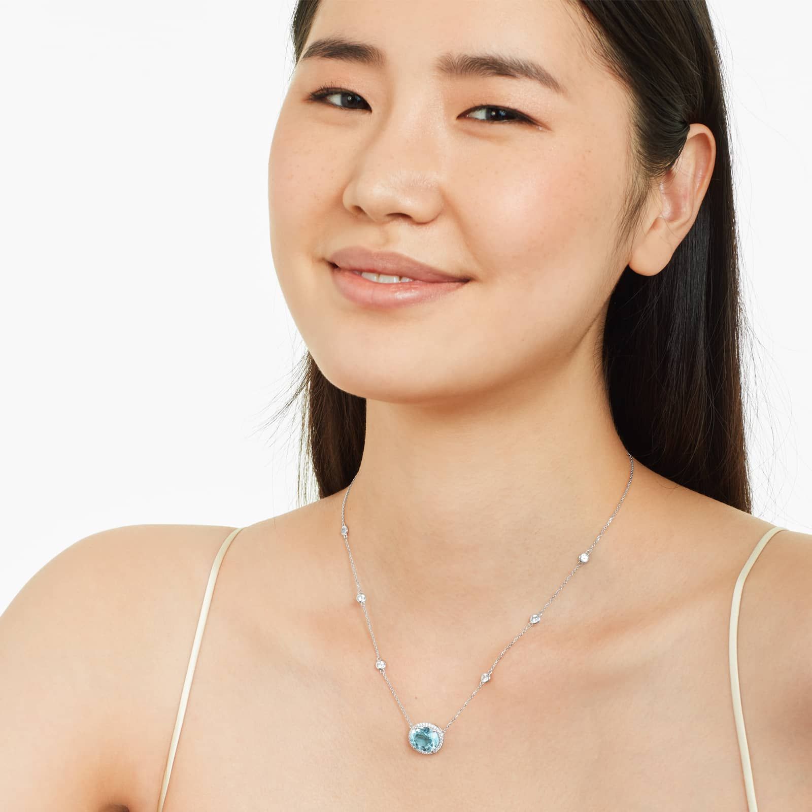 14K White Gold Blue Topaz, Diamond and White Sapphire Station Necklace (12.0x10.0mm)