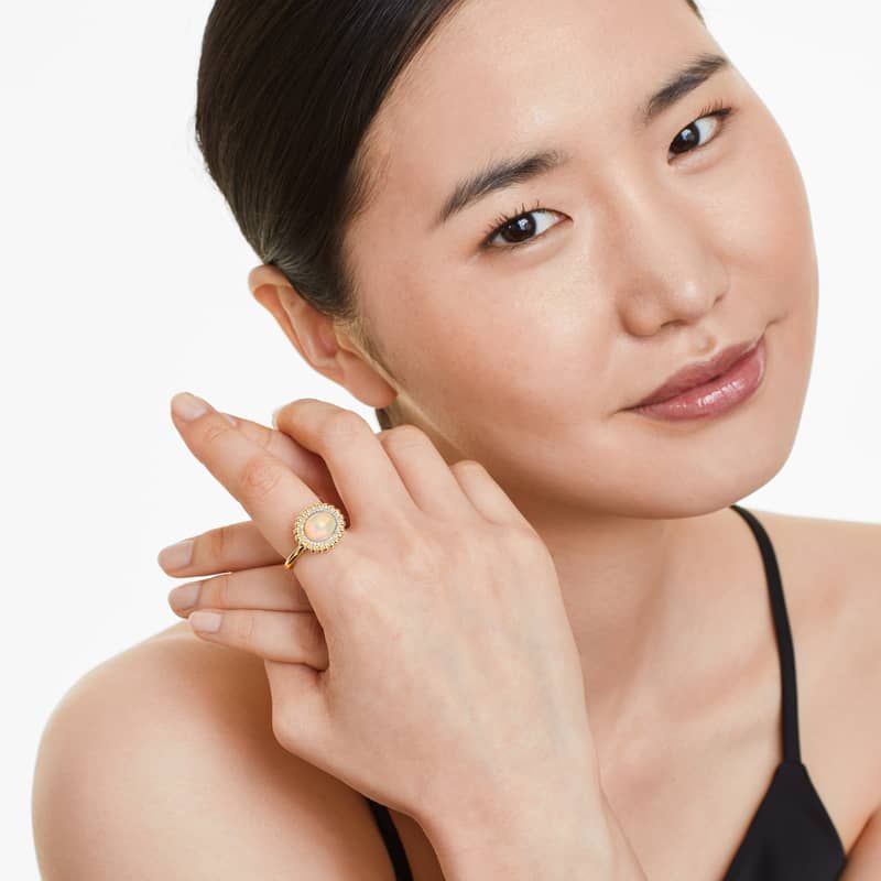 Opal And Diamond Beaded Double Halo Ring In 14K Yellow Gold