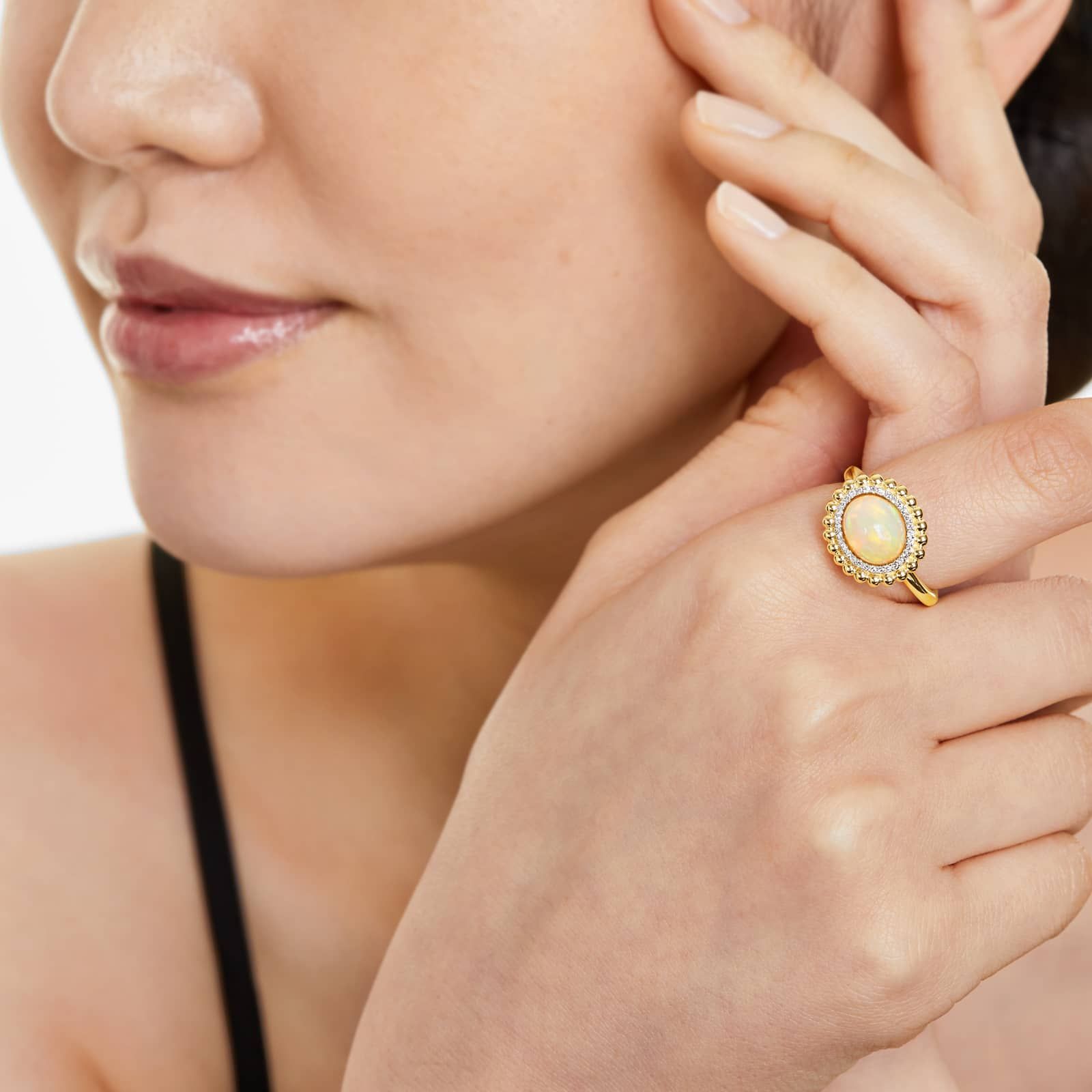 Opal And Diamond Beaded Double Halo Ring In 14K Yellow Gold