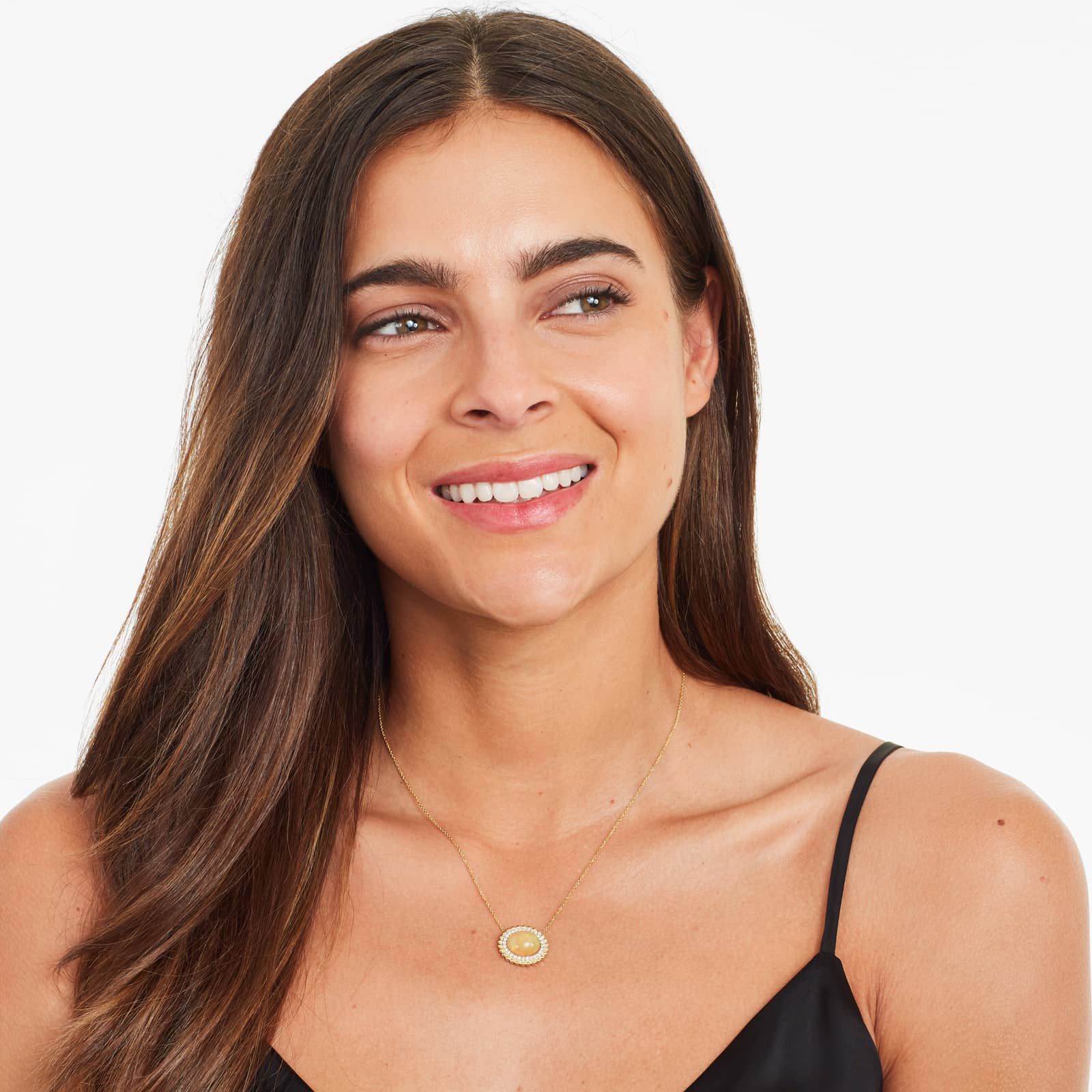 14K Yellow Gold Beaded Double Halo Opal and Diamond Necklace (12.0x10.0mm)