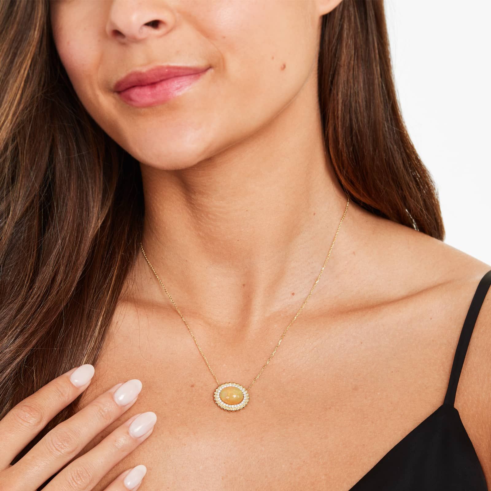 14K Yellow Gold Beaded Double Halo Opal and Diamond Necklace (12.0x10.0mm)