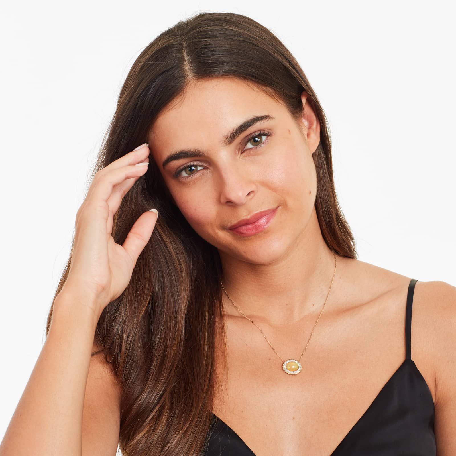 14K Yellow Gold Beaded Double Halo Opal and Diamond Necklace (12.0x10.0mm)