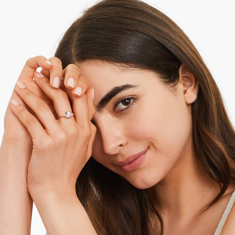 Cushion Cut Morganite And Diamond Trio Accent Ring In 14K Rose Gold