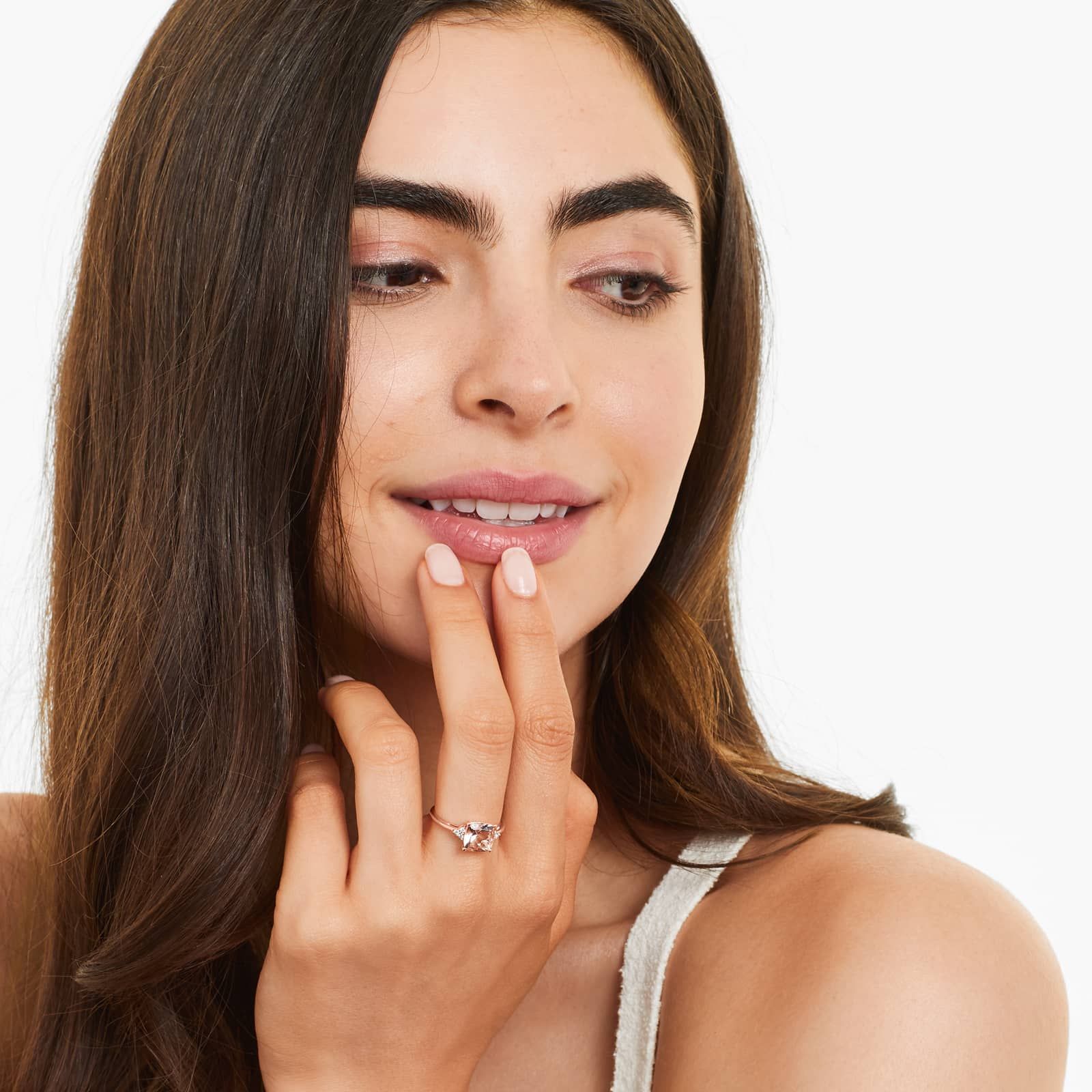 Cushion Cut Morganite And Diamond Trio Accent Ring In 14K Rose Gold