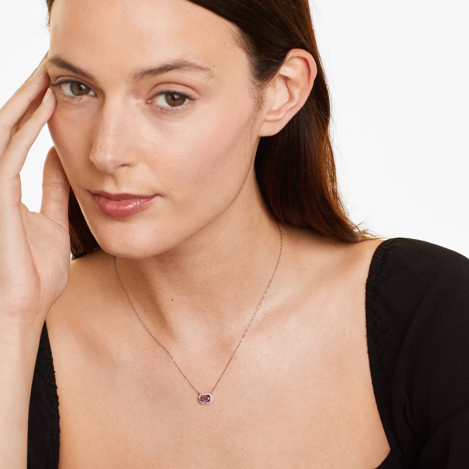 14K Rose Gold Amethyst and Diamond Floating Halo Necklace (6.0x4.0mm)