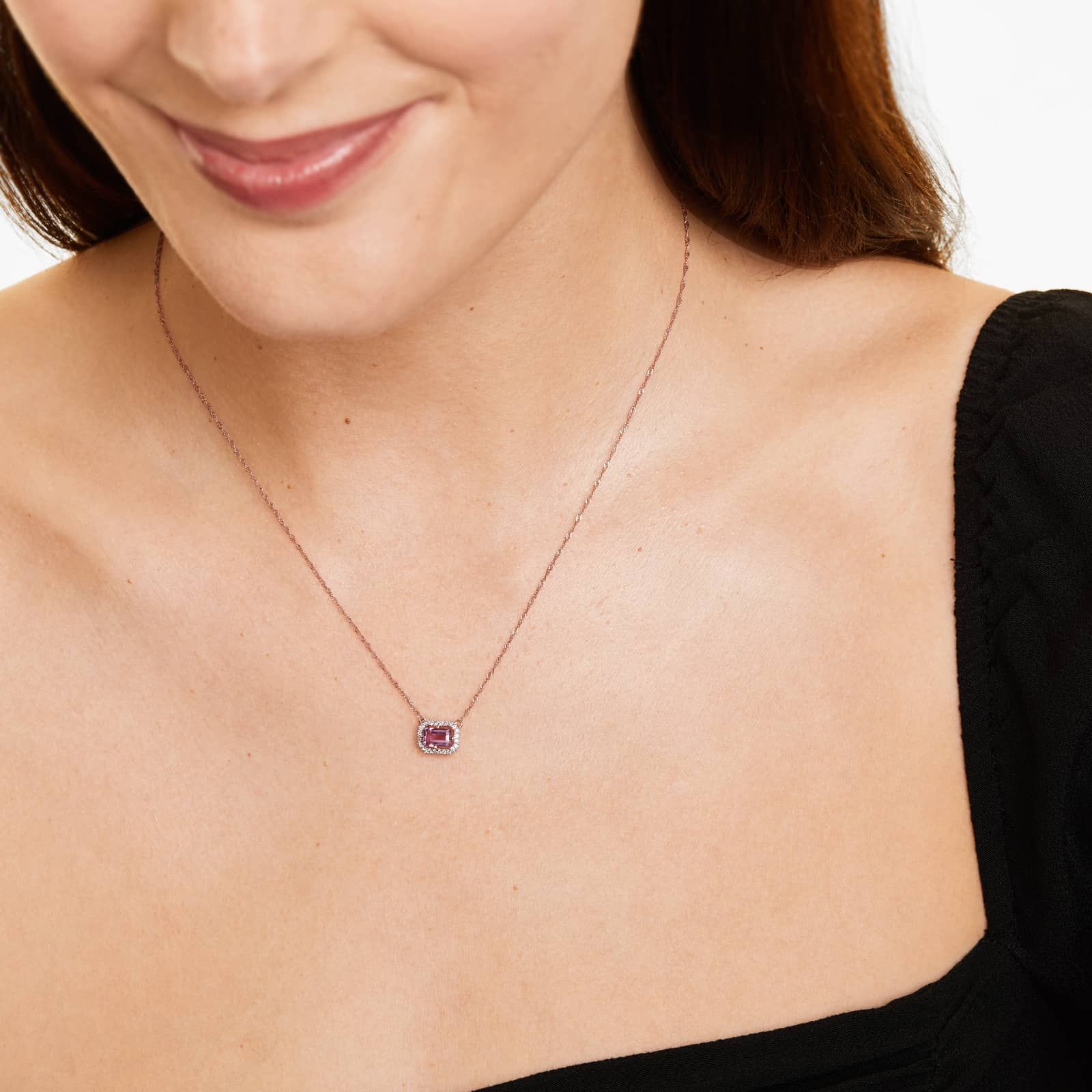 14K Rose Gold Amethyst and Diamond Floating Halo Necklace (6.0x4.0mm)