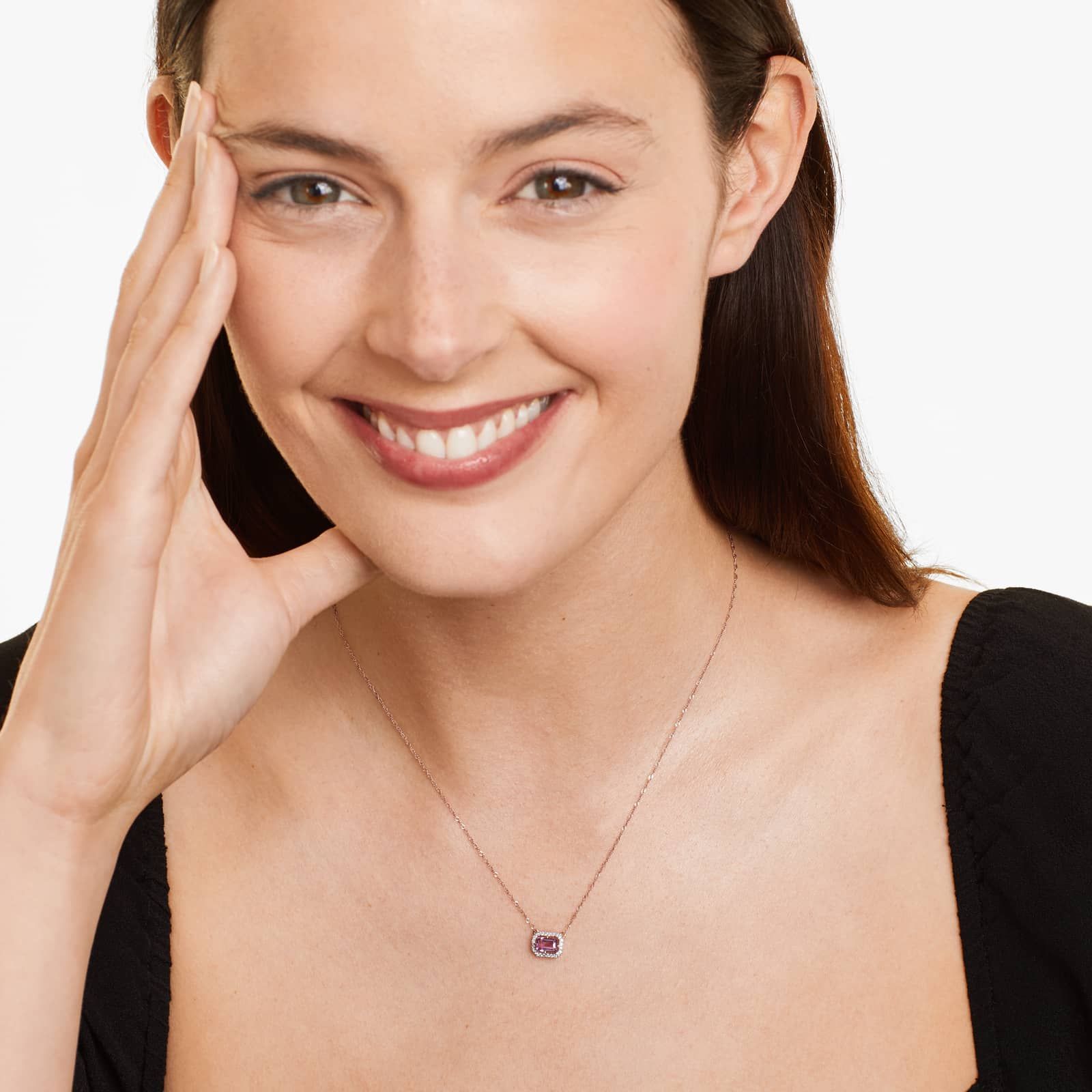 14K Rose Gold Amethyst and Diamond Floating Halo Necklace (6.0x4.0mm)