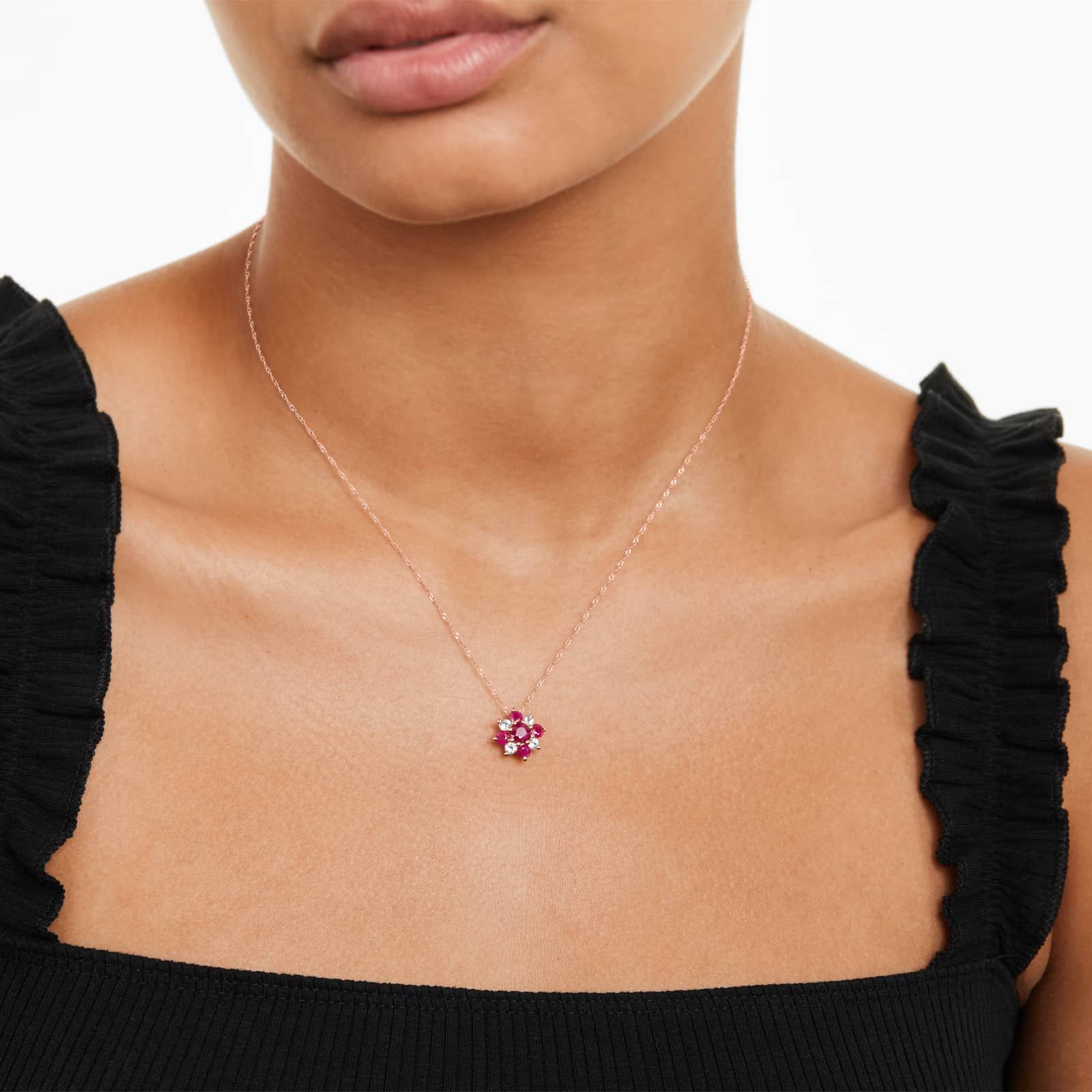 14K Rose Gold Ruby and Pink Sapphire Flower Cluster Pendant