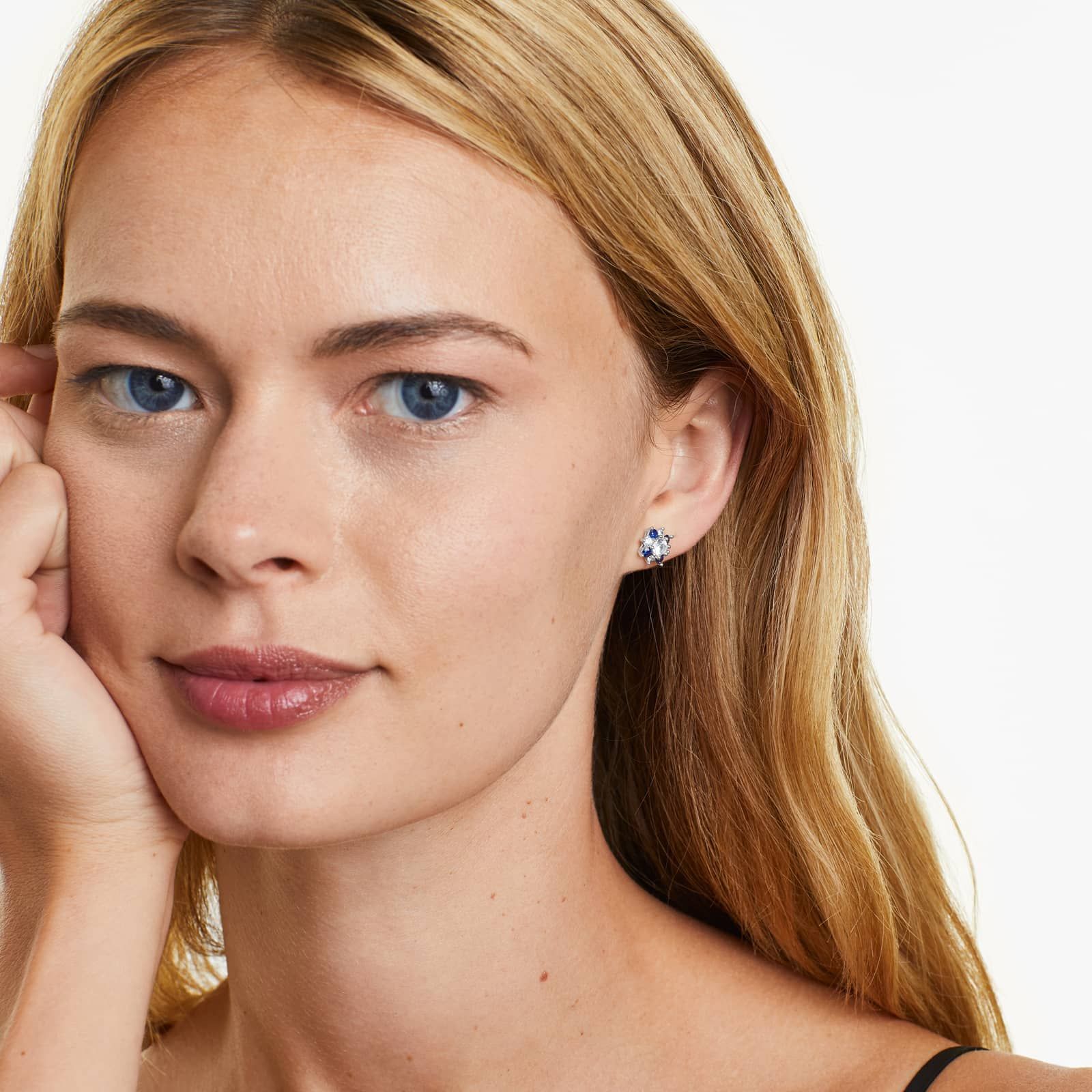 14K White Gold Blue and White Sapphire Flower Cluster Earrings