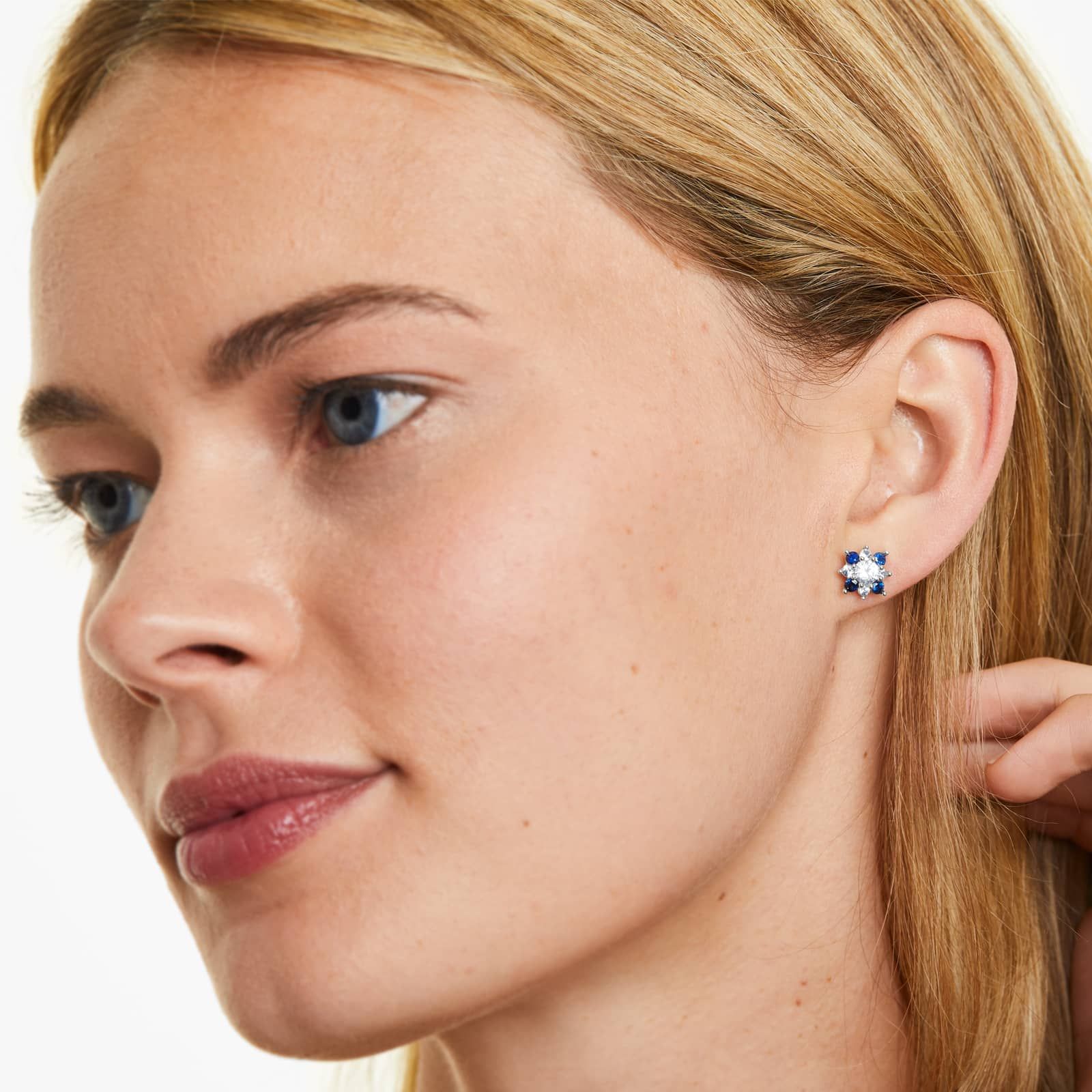 14K White Gold Blue and White Sapphire Flower Cluster Earrings