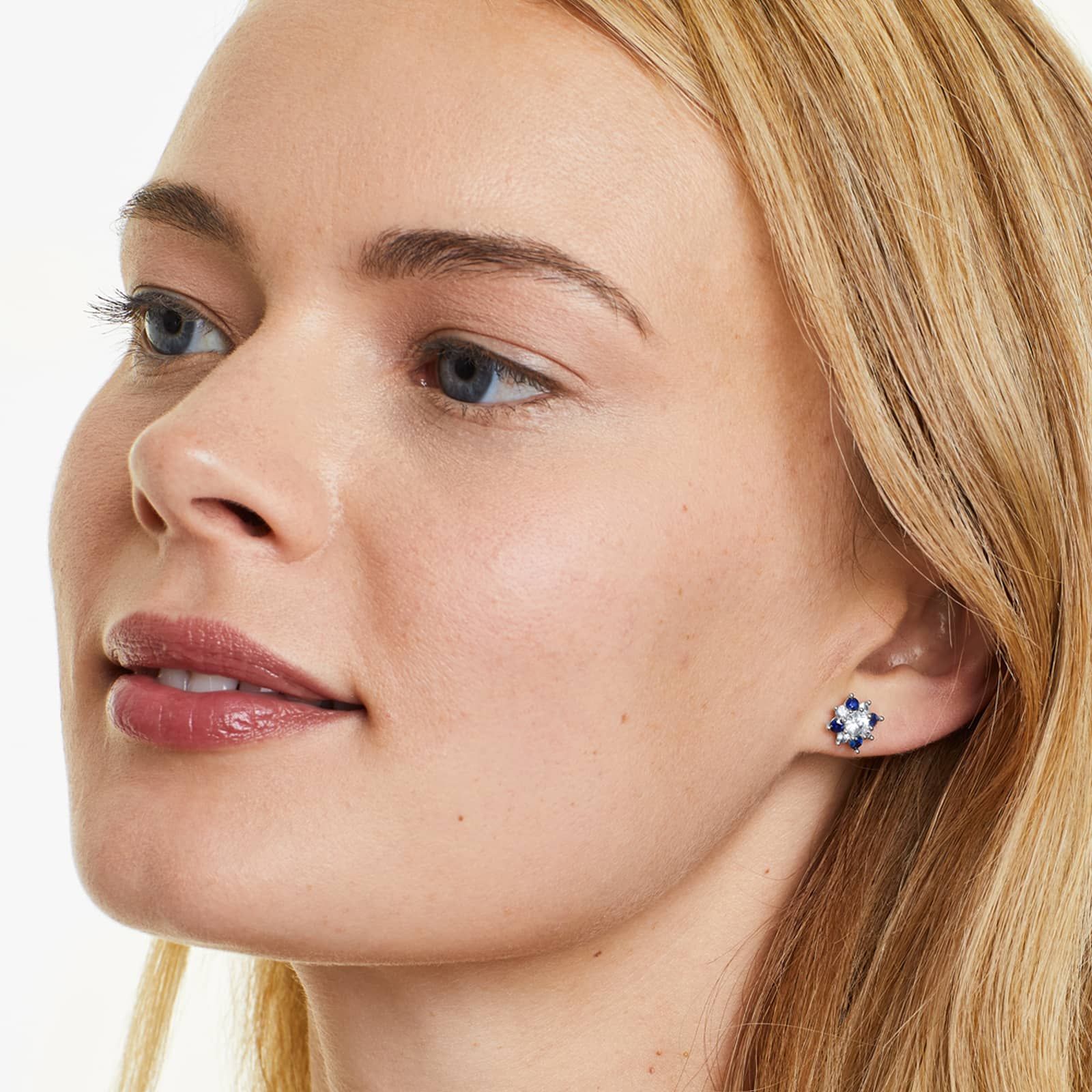 14K White Gold Blue and White Sapphire Flower Cluster Earrings