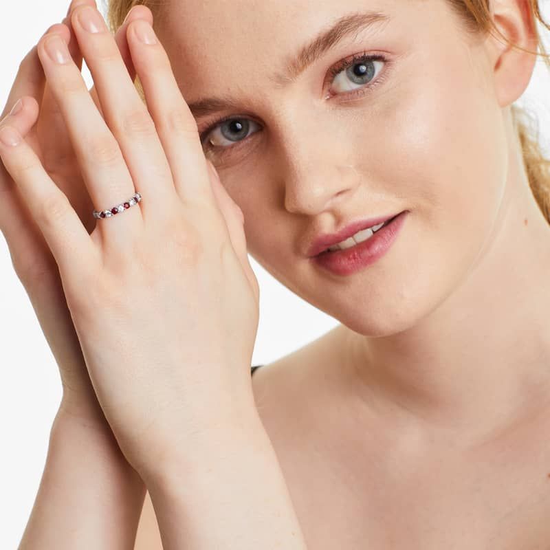 Alternating Ruby And Diamond Ring In 14K White Gold