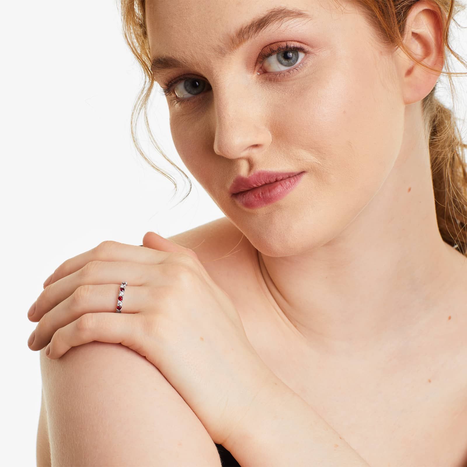 Alternating Ruby And Diamond Ring In 14K White Gold