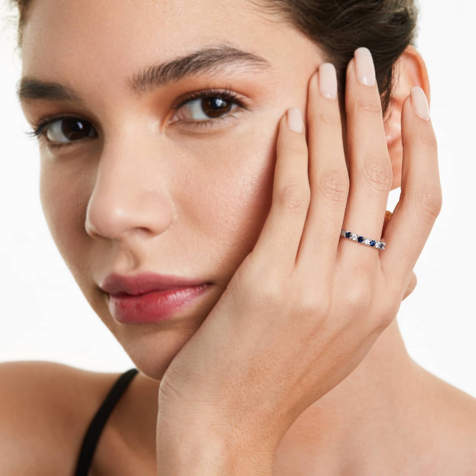 Alternating Sapphire And Diamond Ring In 14K White Gold