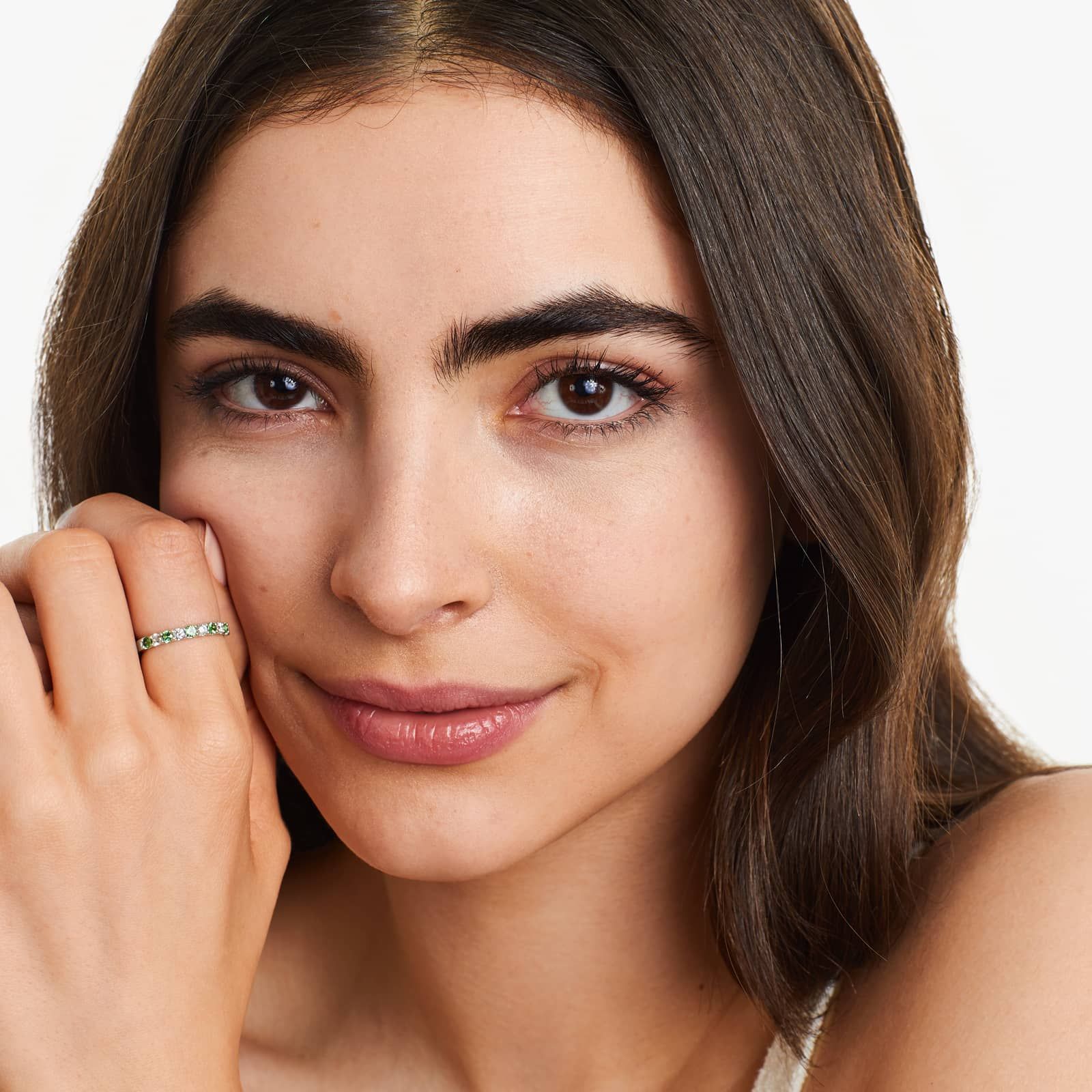 Alternating Tsavorite And Diamond Ring In 14K White Gold