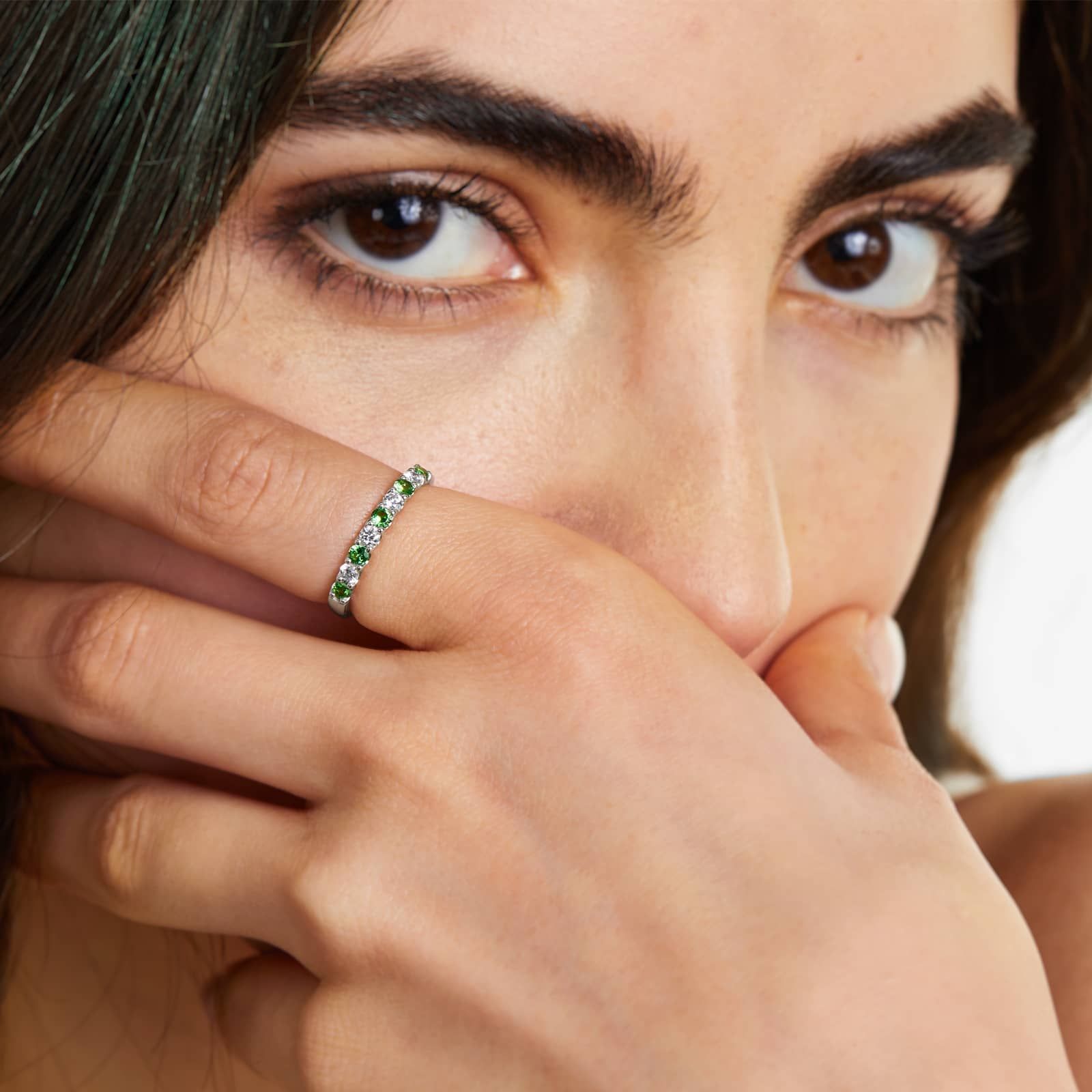 Alternating Tsavorite And Diamond Ring In 14K White Gold