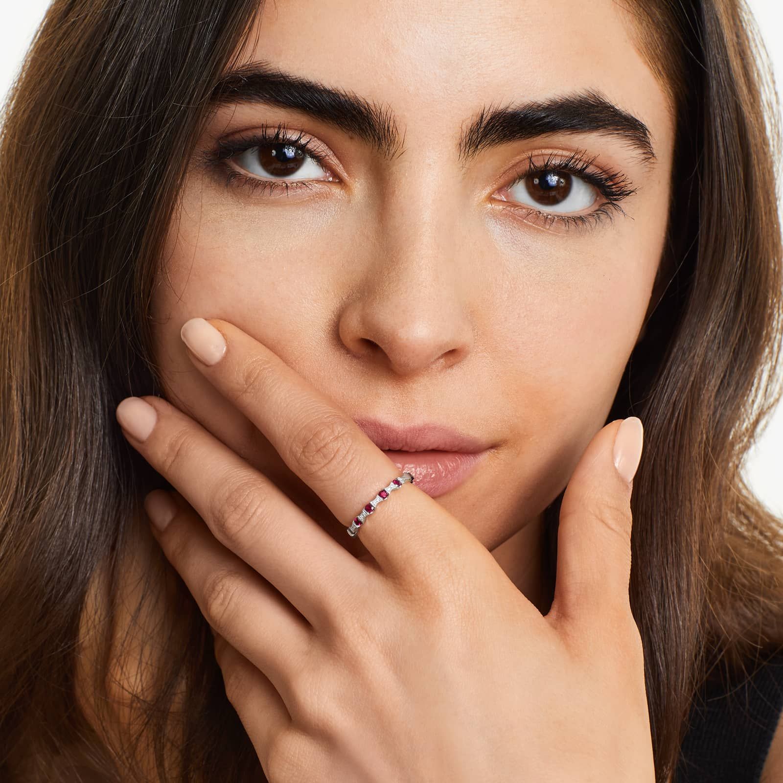 Vintage Bow Tie Shaped Stations Alternating Ruby And Diamond Ring In 14K White Gold